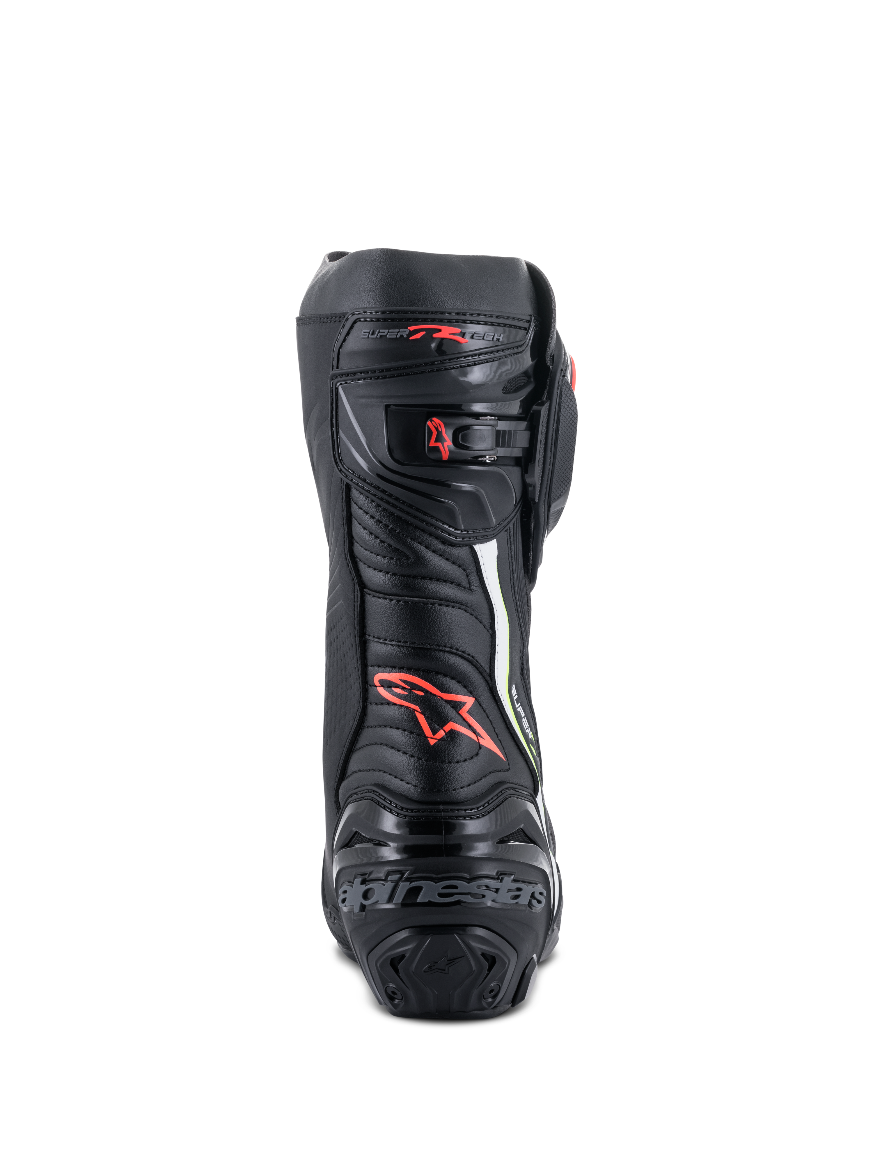 Stivali Alpinestars Supertech R, stivali da moto racing ad alte prestazioni, vista posteriore in nero con accenti rosso e giallo fluo, dotati di protezione del tallone in TPU, chiusura a cricchetto micro-regolabile e loghi distintivi