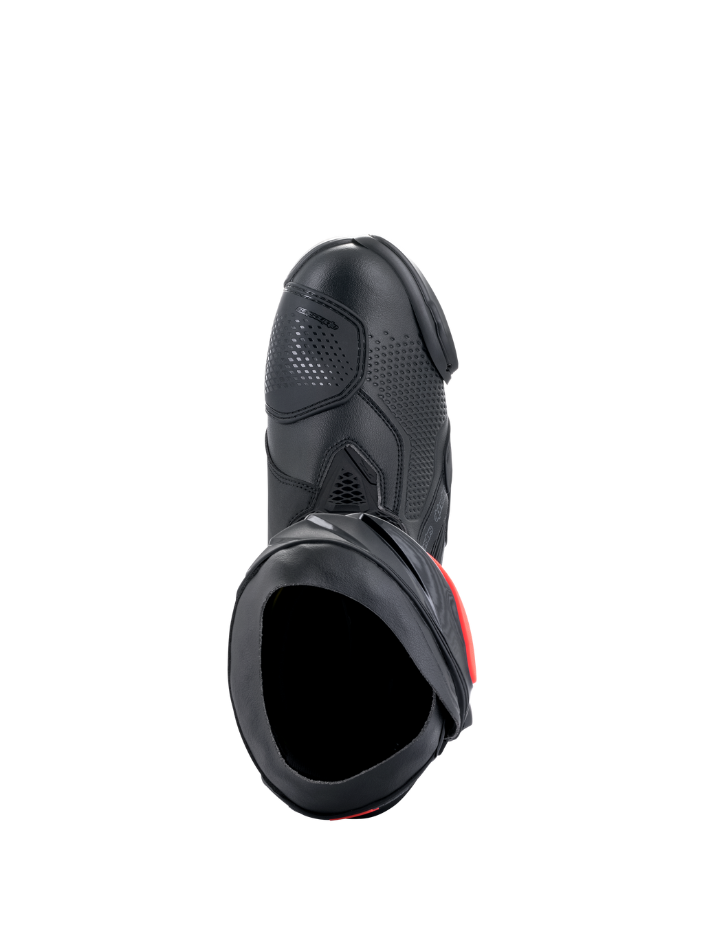 Alpinestars Supertech R Boots, stivali da moto racing performanti, nero con accenti rossi, vista dall'alto che mostra la tomaia in microfibra, trama traforata, zona cambio in TPU e apertura di ingresso sicura.
