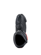 Alpinestars Supertech R Boots, stivali da moto racing performanti, nero con accenti rossi, vista dall'alto che mostra la tomaia in microfibra, trama traforata, zona cambio in TPU e apertura di ingresso sicura.