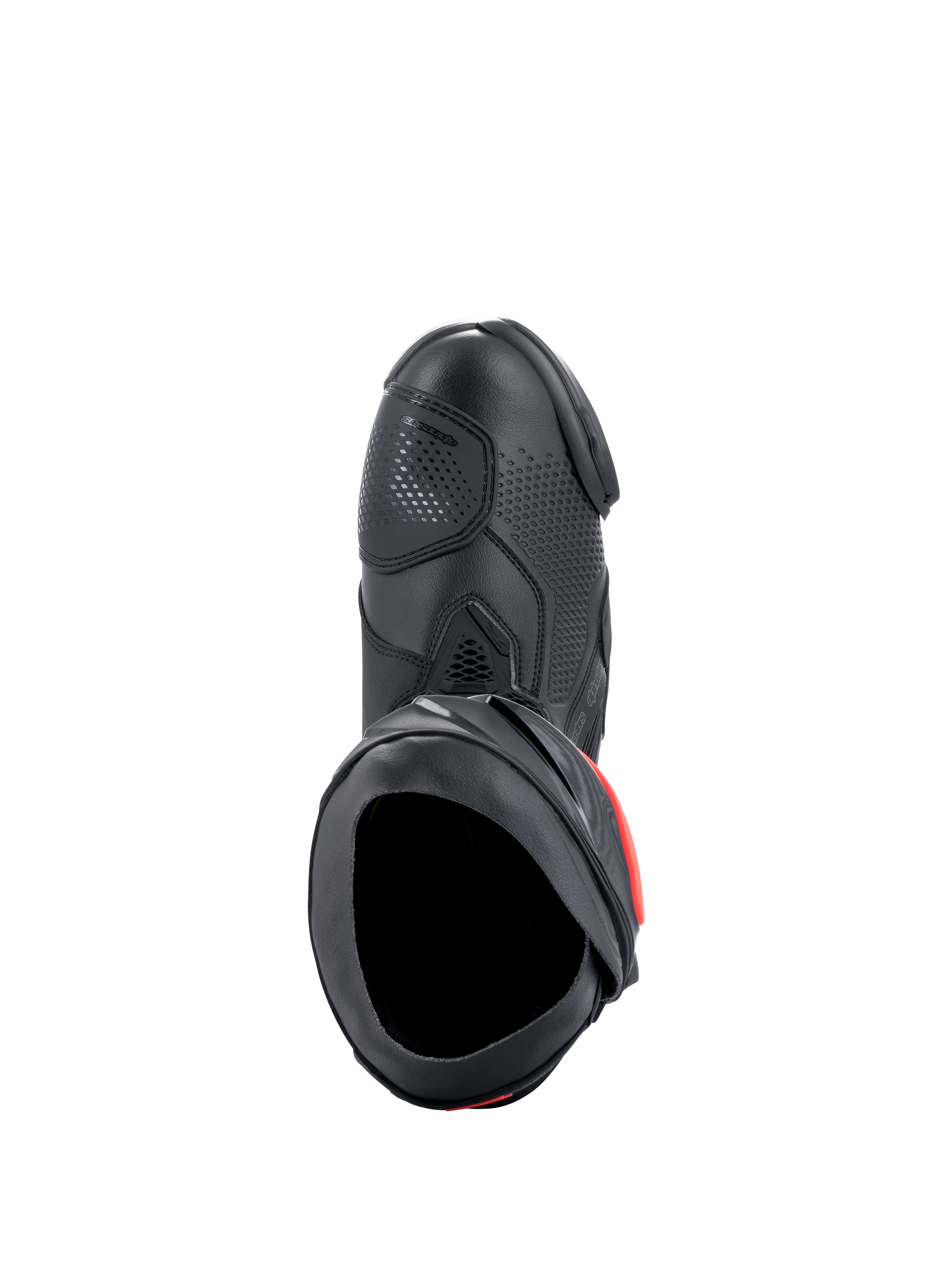 Alpinestars Supertech R Boots, stivali da moto racing performanti, nero con accenti rossi, vista dall'alto che mostra la tomaia in microfibra, trama traforata, zona cambio in TPU e apertura di ingresso sicura.