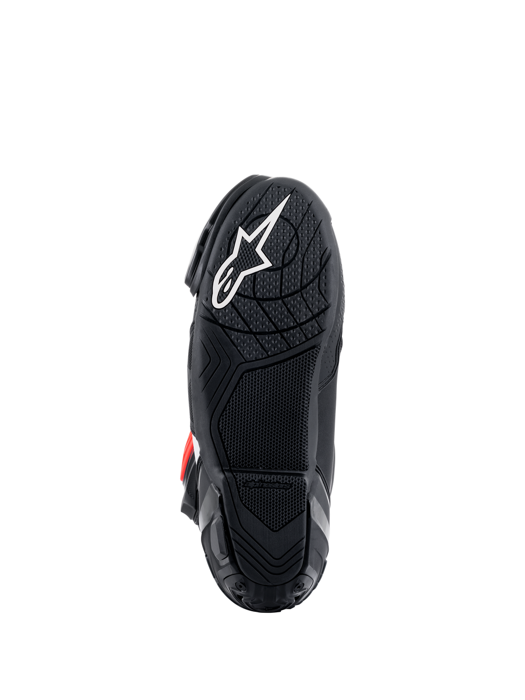 Stivali Alpinestars Supertech R, vista della suola, mescola in gomma leggera nera con motivo grip testurizzato, logo a stella Alpinestars bianco, calzature tecniche per competizioni motociclistiche
