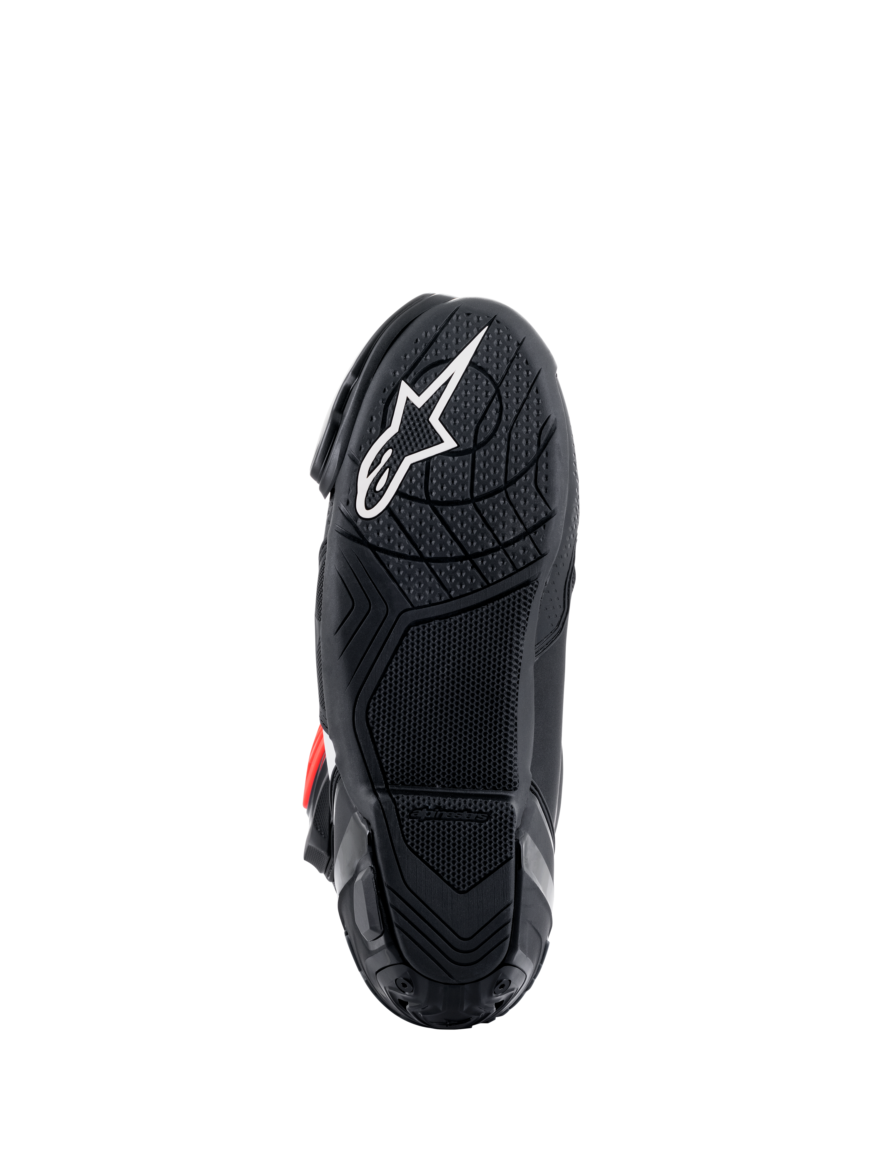 Stivali Alpinestars Supertech R, vista della suola, mescola in gomma leggera nera con motivo grip testurizzato, logo a stella Alpinestars bianco, calzature tecniche per competizioni motociclistiche
