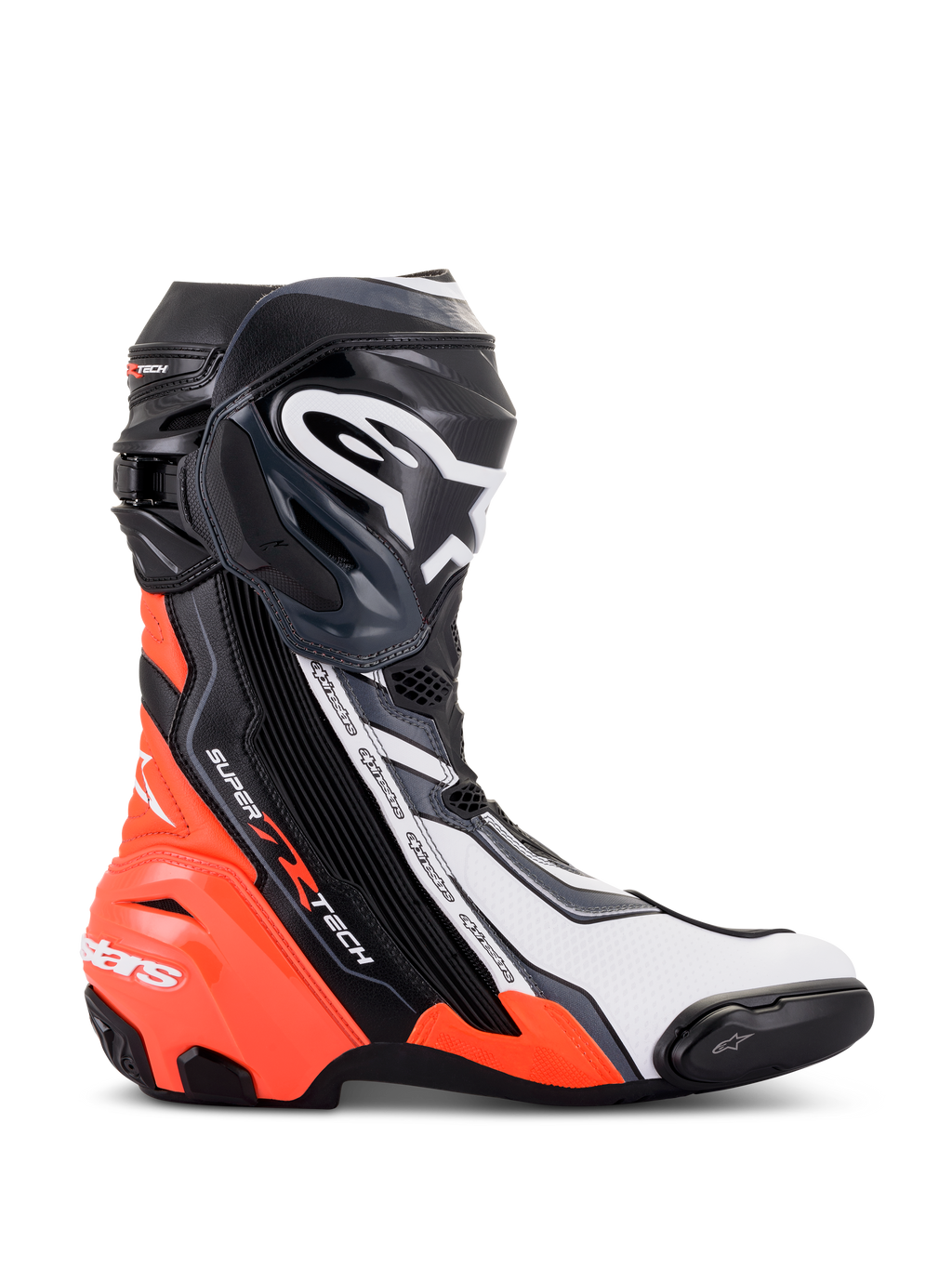 Stivali Alpinestars Supertech R, calzature da moto racing ad alte prestazioni, nero, rosso fluo, bianco e grigio, vista di profilo con placca tibiale in TPU e slider punta, design aerodinamico con loghi evidenti per uso in pista e su strada.