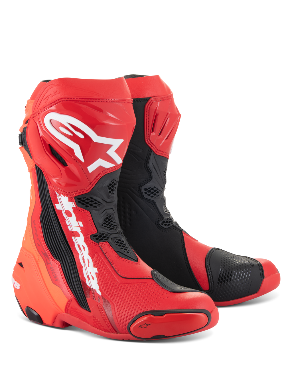 Stivali Alpinestars Supertech R, stivali da moto racing, rosso brillante e rosso fluo con dettagli neri e bianchi, con loghi Alpinestars bianchi sulla tibia, placche protettive rinforzate e slider della punta sostituibili, calzature ad alte prestazioni per sport e racing.
