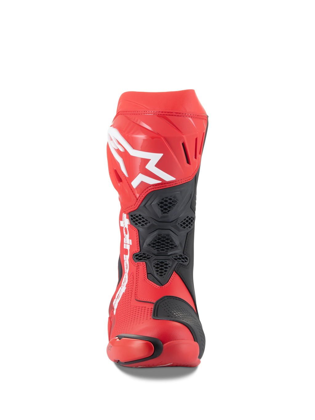 Stivali Alpinestars Supertech R, rosso acceso e rosso fluo, vista frontale con un grande logo Astars bianco sulla placca tibiale, pannelli di ventilazione in mesh nero e un design tecnico racing per prestazioni motociclistiche in pista