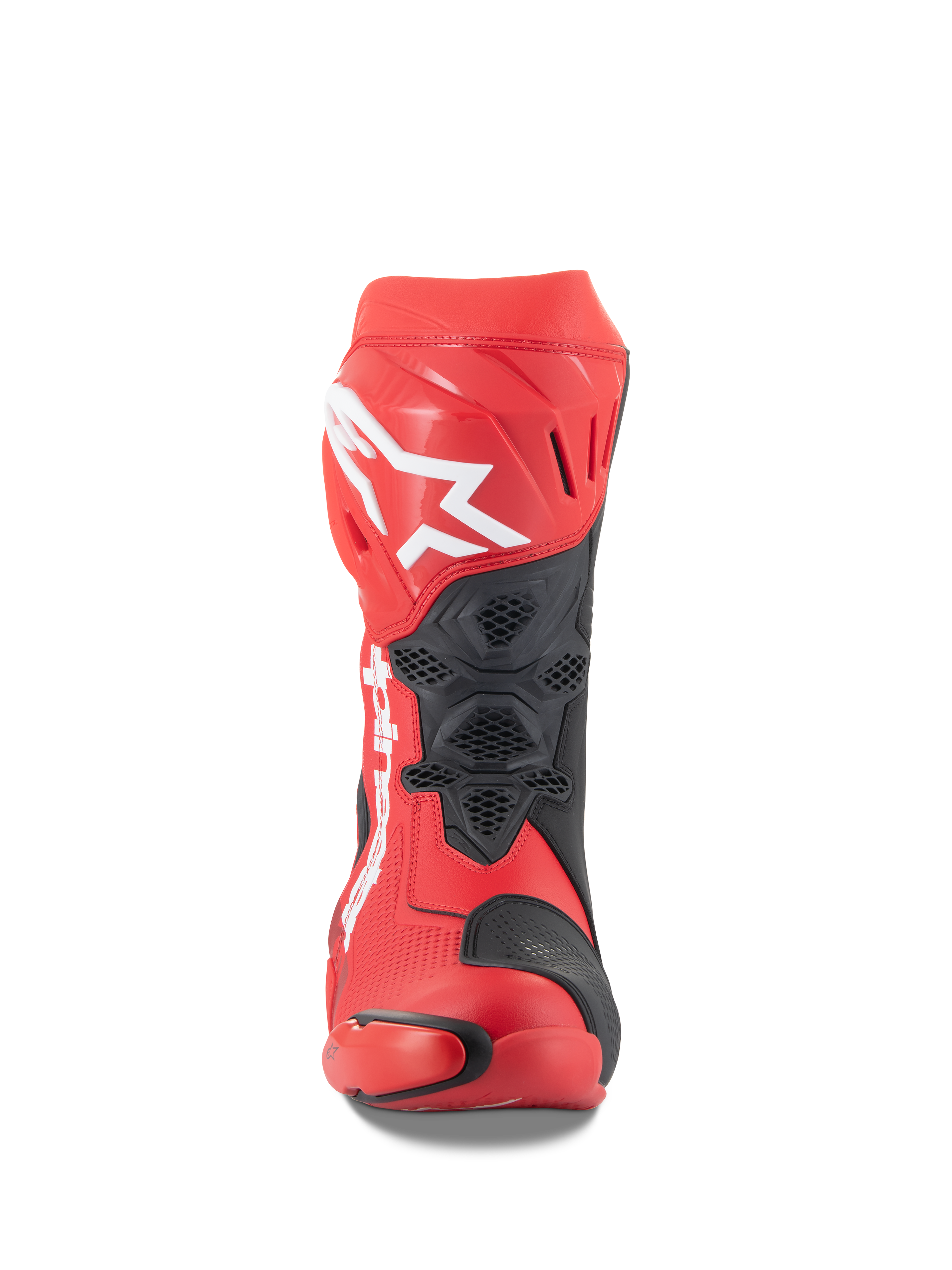Stivali Alpinestars Supertech R, rosso acceso e rosso fluo, vista frontale con un grande logo Astars bianco sulla placca tibiale, pannelli di ventilazione in mesh nero e un design tecnico racing per prestazioni motociclistiche in pista