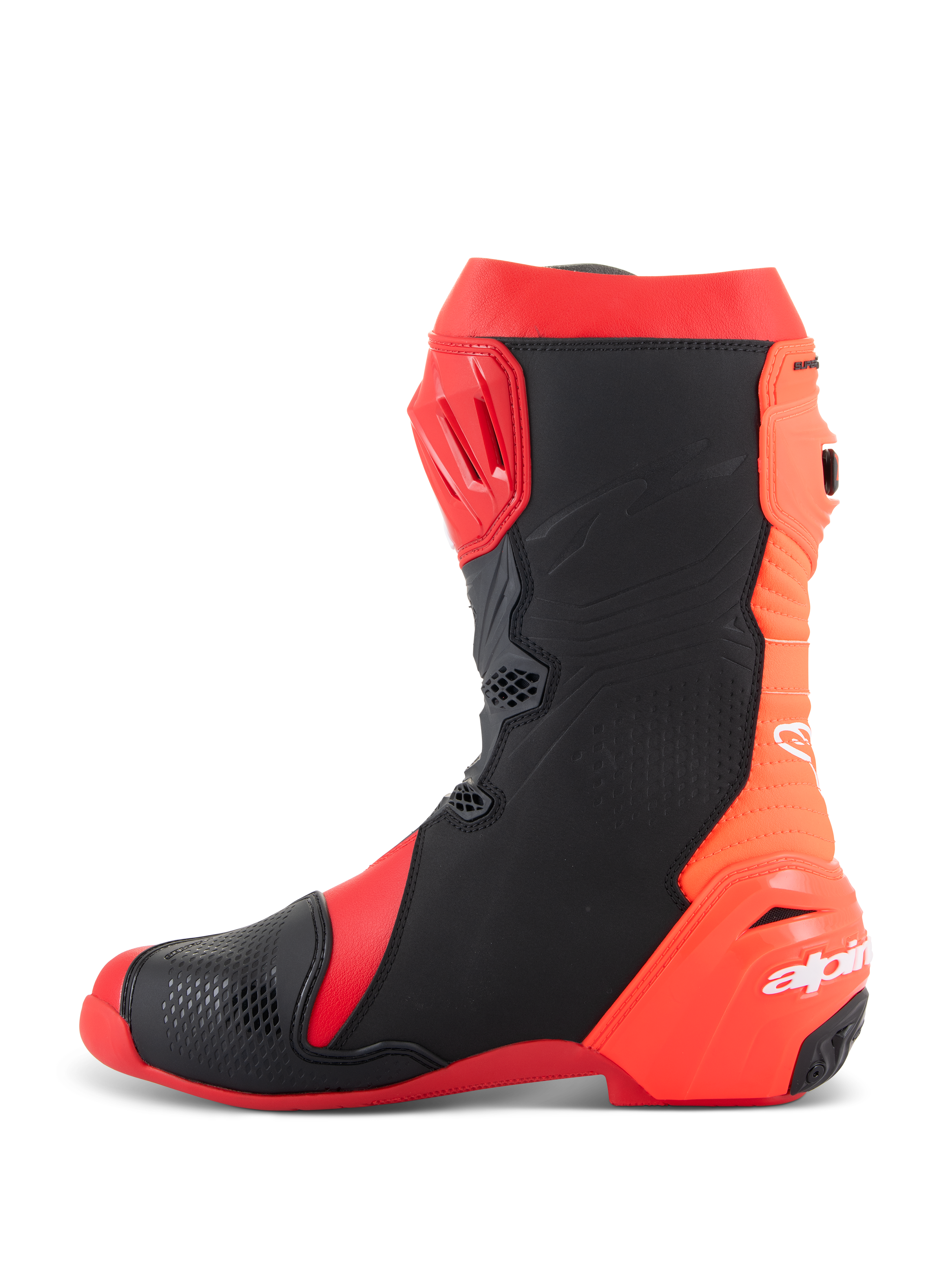 Stivali Alpinestars Supertech R, stivali da moto professionali per il racing, Rosso Vivace e Rosso Fluo con pannelli neri, vista di profilo laterale che mostra la placca tibiale in TPU, design flessibile a soffietto posteriore e logo Alpinestars bianco sul tallone