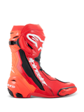 Stivali Alpinestars Supertech R, stivali da moto racing, rosso brillante e rosso fluo, design da pista ad alte prestazioni con protezione tibia in TPU, slider punta sostituibile e logo Alpinestars bianco, vista laterale