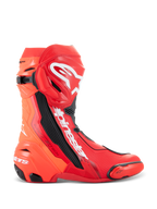 Stivali Alpinestars Supertech R, stivali da moto racing, rosso brillante e rosso fluo, design da pista ad alte prestazioni con protezione tibia in TPU, slider punta sostituibile e logo Alpinestars bianco, vista laterale