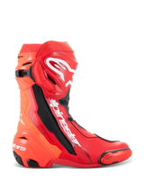 Stivali Alpinestars Supertech R, stivali da moto racing, rosso brillante e rosso fluo, design da pista ad alte prestazioni con protezione tibia in TPU, slider punta sostituibile e logo Alpinestars bianco, vista laterale