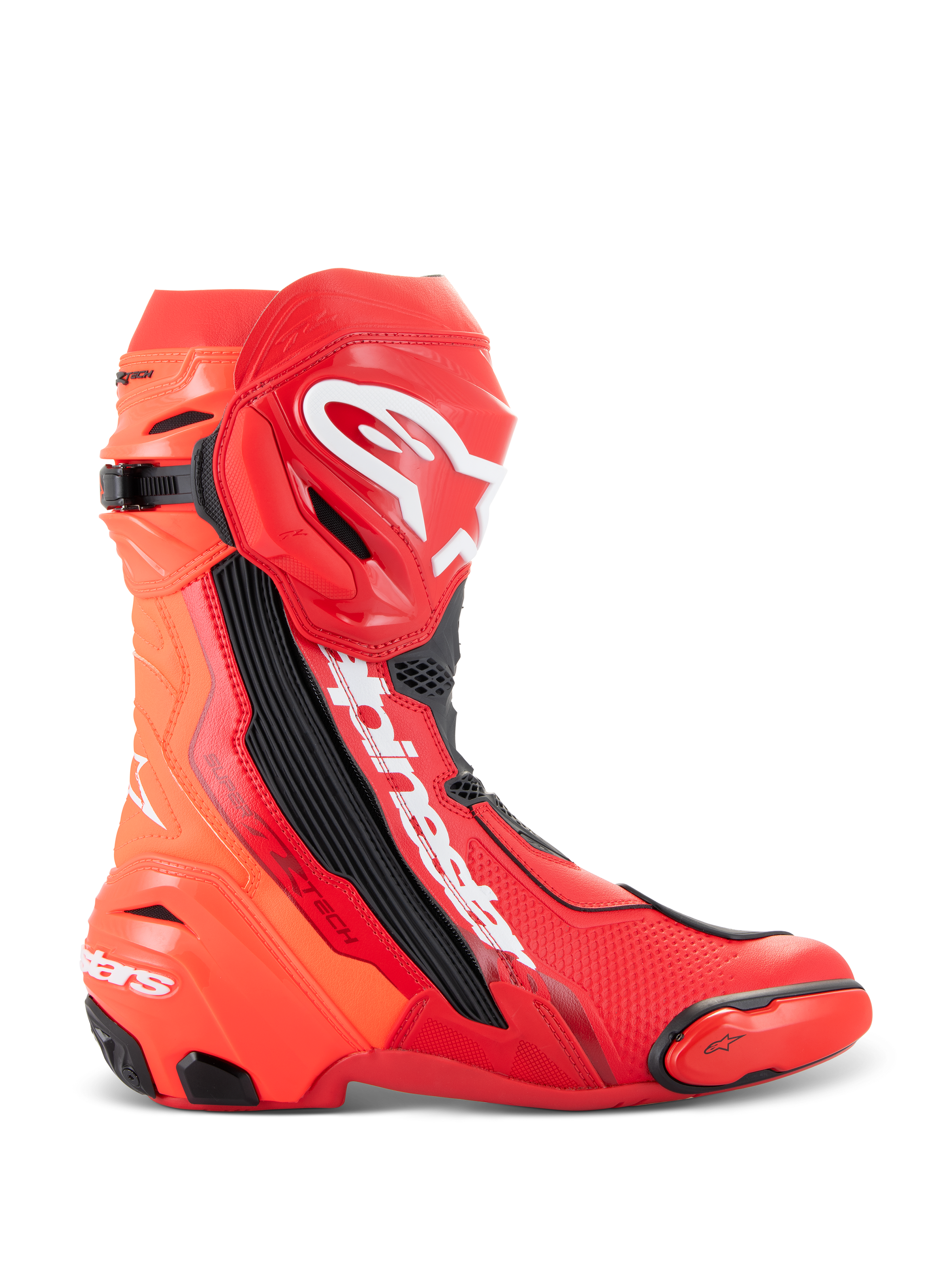 Stivali Alpinestars Supertech R, stivali da moto racing, rosso brillante e rosso fluo, design da pista ad alte prestazioni con protezione tibia in TPU, slider punta sostituibile e logo Alpinestars bianco, vista laterale