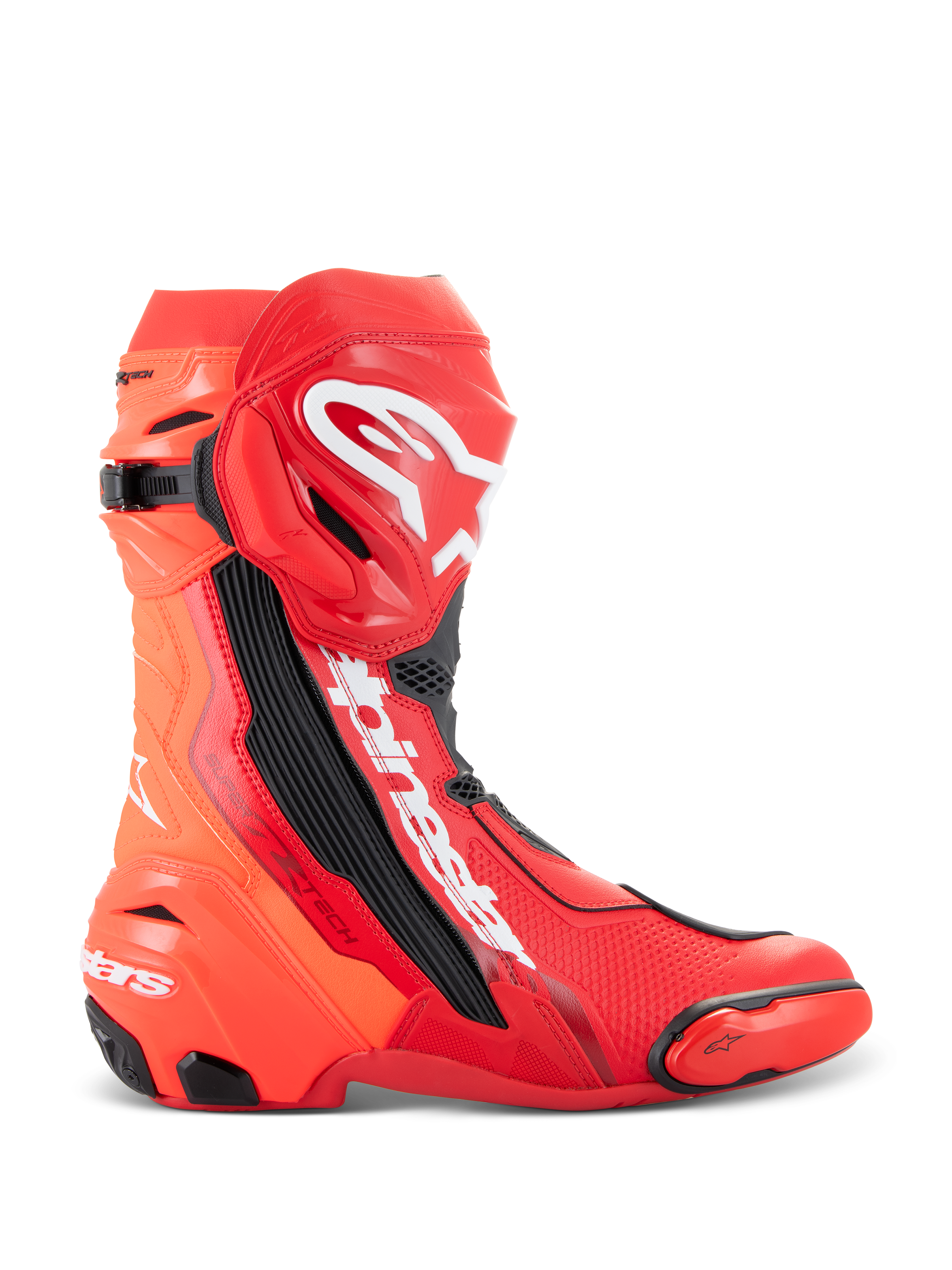 Stivali Alpinestars Supertech R, stivali da moto racing, rosso brillante e rosso fluo, design da pista ad alte prestazioni con protezione tibia in TPU, slider punta sostituibile e logo Alpinestars bianco, vista laterale