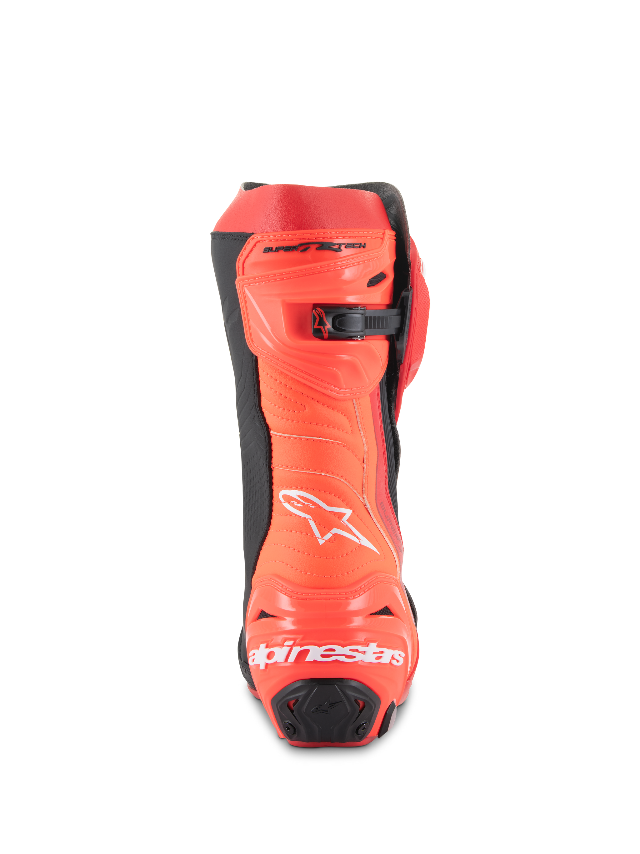 Stivali Alpinestars Supertech R, stivali da moto racing, Rosso Brillante e Rosso Fluo, vista posteriore che mostra la protezione del tallone con logo bianco, dettagli neri e chiusura a cricchetto micro-regolabile sul polpaccio.