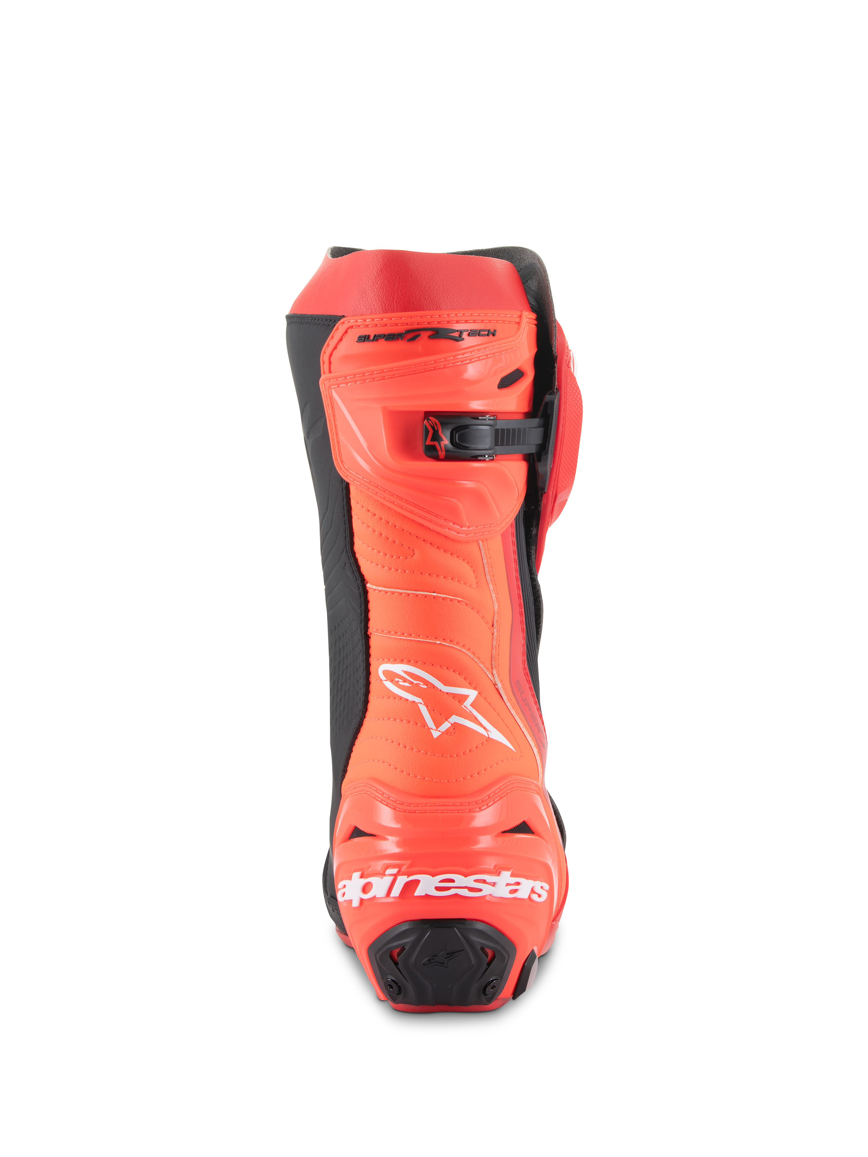 Stivali Alpinestars Supertech R, stivali da moto racing, Rosso Brillante e Rosso Fluo, vista posteriore che mostra la protezione del tallone con logo bianco, dettagli neri e chiusura a cricchetto micro-regolabile sul polpaccio.