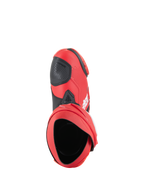 Stivali Alpinestars Supertech R, stivali da moto racing, Rosso Brillante e Rosso Fluo, prospettiva dall'alto che mostra l'apertura interna e il paracambio nero, design aerodinamico per pista e strada