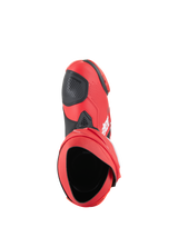 Stivali Alpinestars Supertech R, stivali da moto racing, Rosso Brillante e Rosso Fluo, prospettiva dall'alto che mostra l'apertura interna e il paracambio nero, design aerodinamico per pista e strada