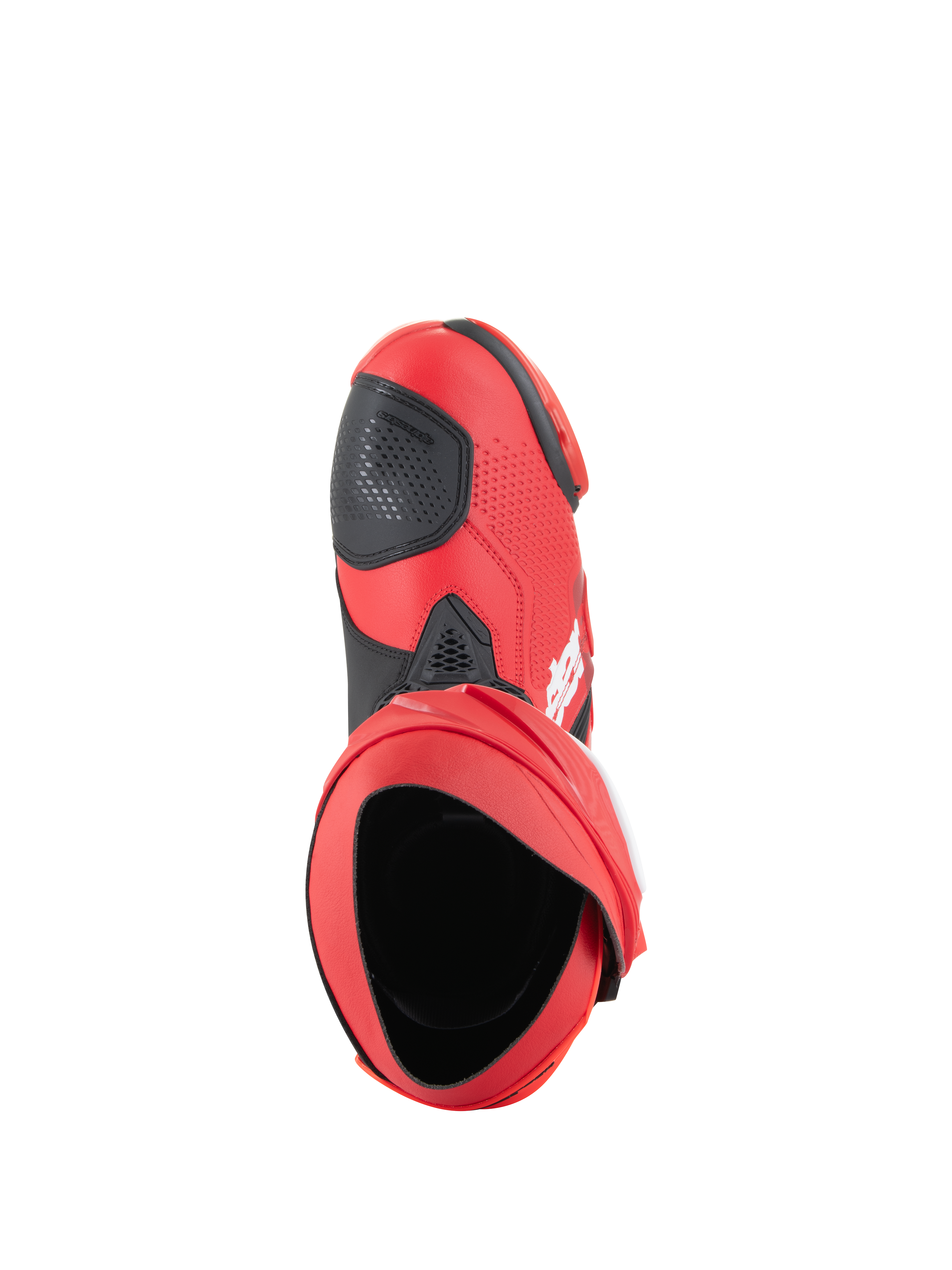 Stivali Alpinestars Supertech R, stivali da moto racing, Rosso Brillante e Rosso Fluo, prospettiva dall'alto che mostra l'apertura interna e il paracambio nero, design aerodinamico per pista e strada
