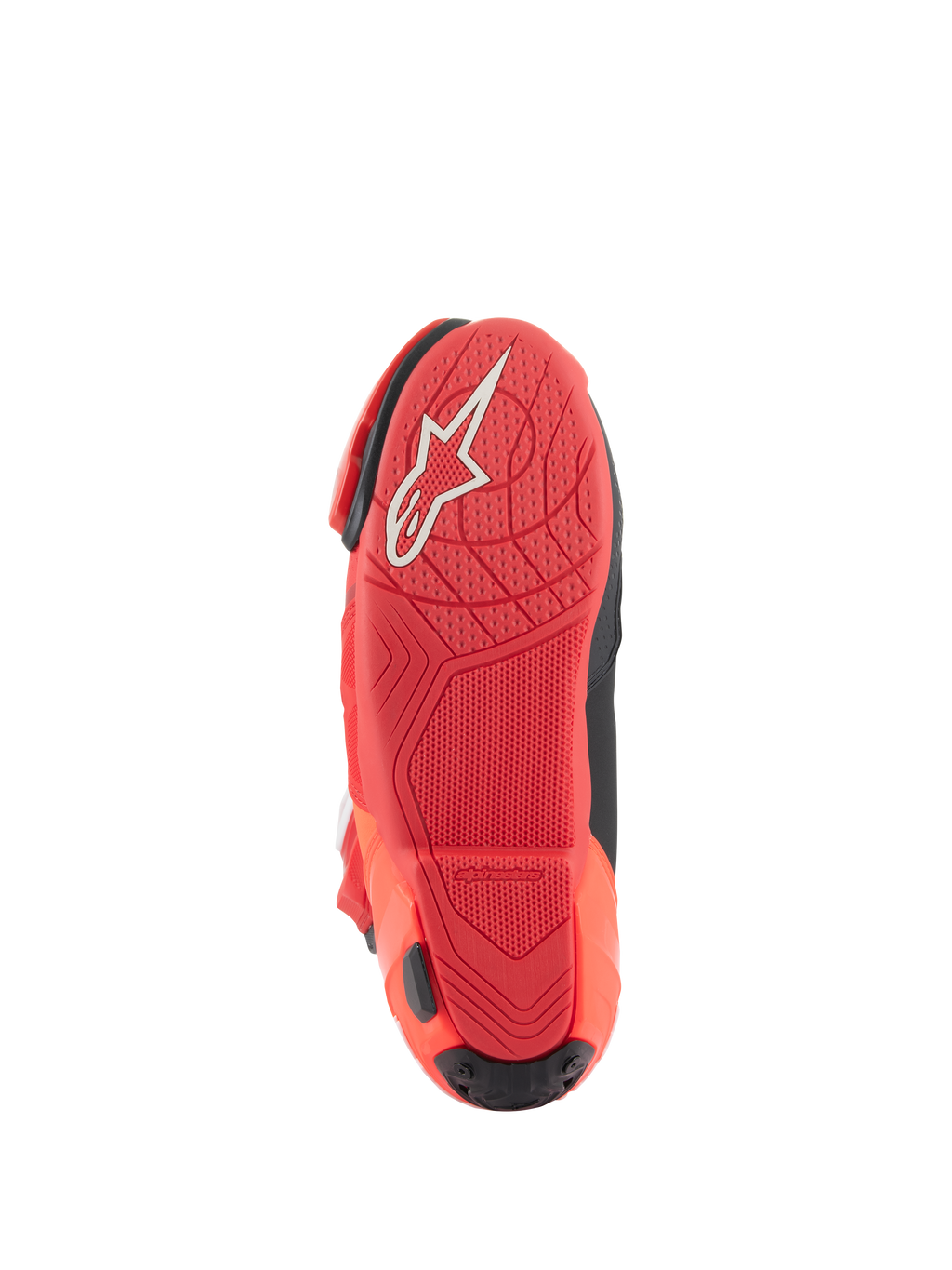 Alpinestars Supertech R Boots, stivali da corsa per moto, Bright Red Red Fluo, vista della suola con trama grip testurizzata e logo Alpinestars bianco