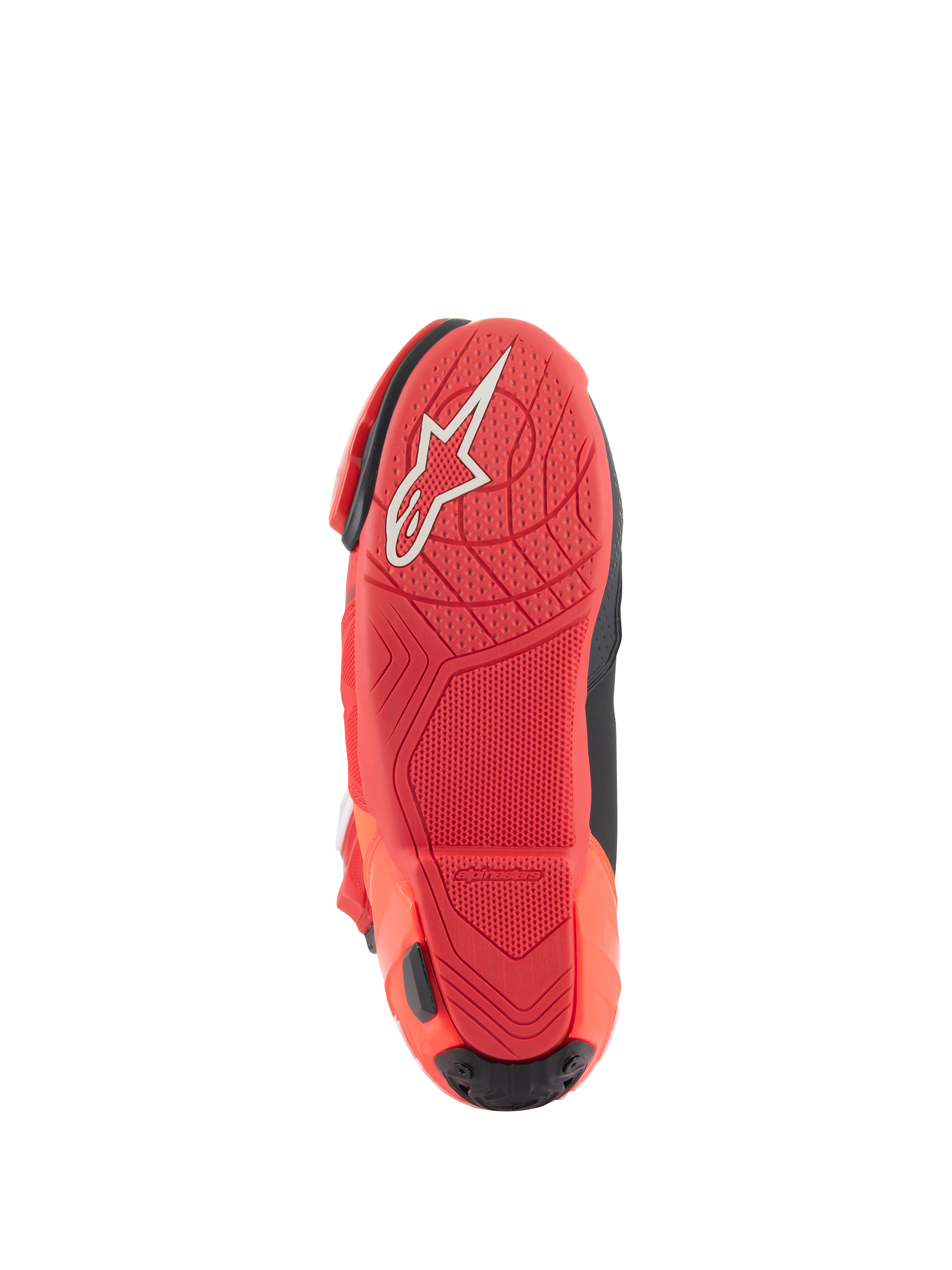 Alpinestars Supertech R Boots, stivali da corsa per moto, Bright Red Red Fluo, vista della suola con trama grip testurizzata e logo Alpinestars bianco