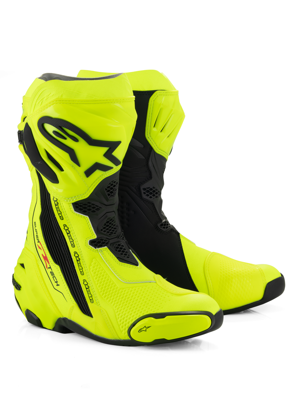 Stivali Alpinestars Supertech R, stivali racing da moto, giallo fluo e nero, con placca tibiale protettiva e logo Alpinestars, pannelli flessibili a soffietto e slider punta rinforzati su sfondo bianco
