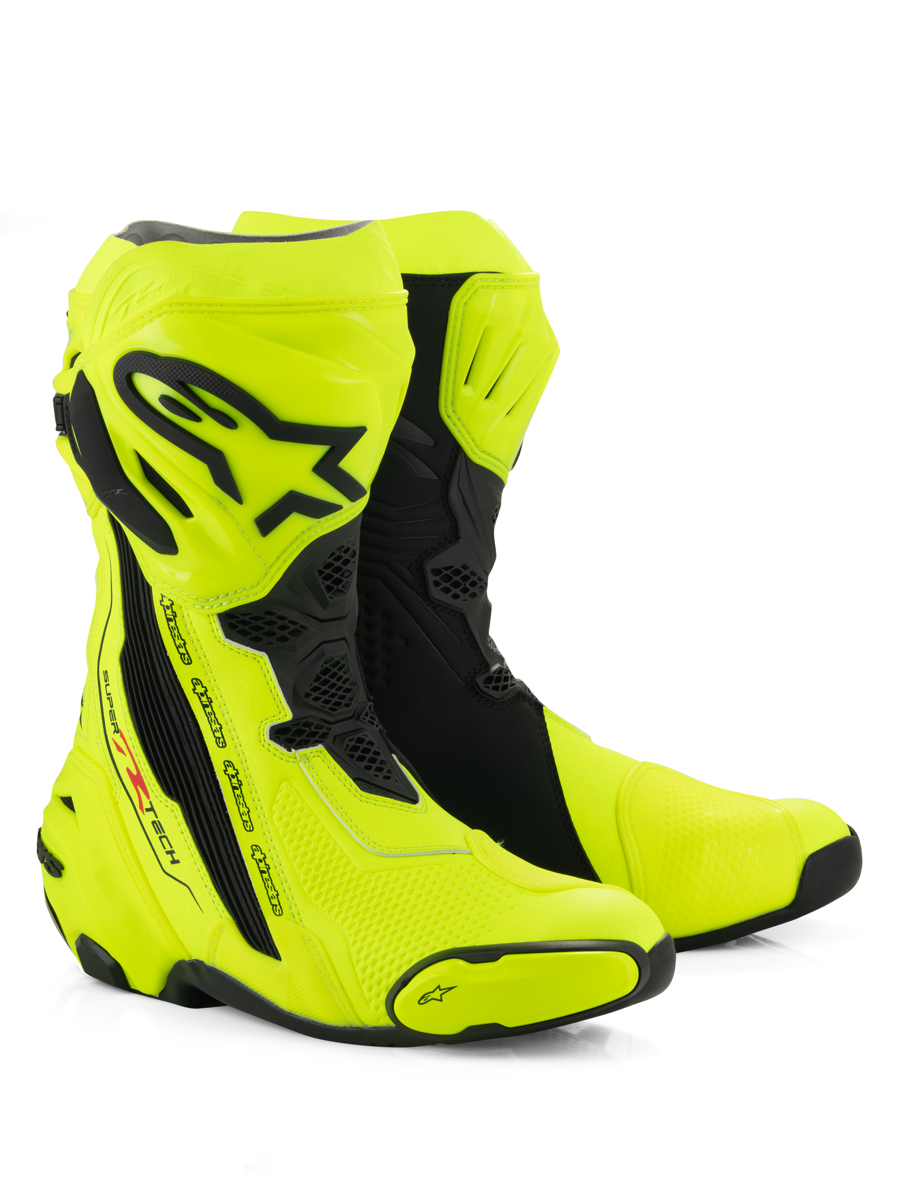Stivali Alpinestars Supertech R, stivali racing da moto, giallo fluo e nero, con placca tibiale protettiva e logo Alpinestars, pannelli flessibili a soffietto e slider punta rinforzati su sfondo bianco
