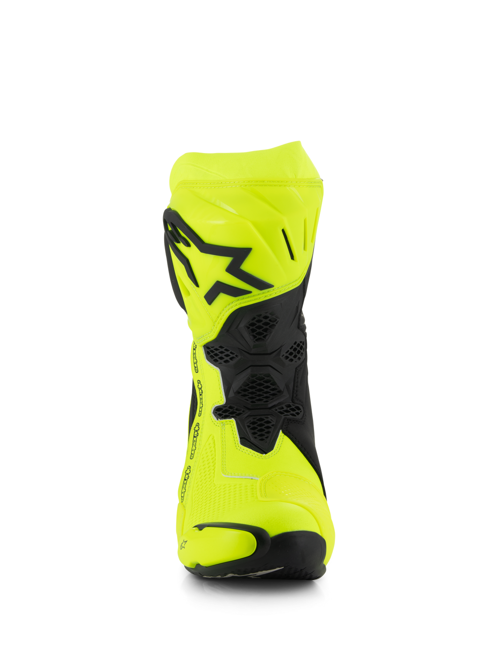 Stivali Alpinestars Supertech R, stivali da moto racing, giallo fluo e nero, vista frontale con logo a stella nero sulla placca tibiale, zone di flessione con trama a nido d'ape e design aerodinamico per corse ad alte prestazioni.