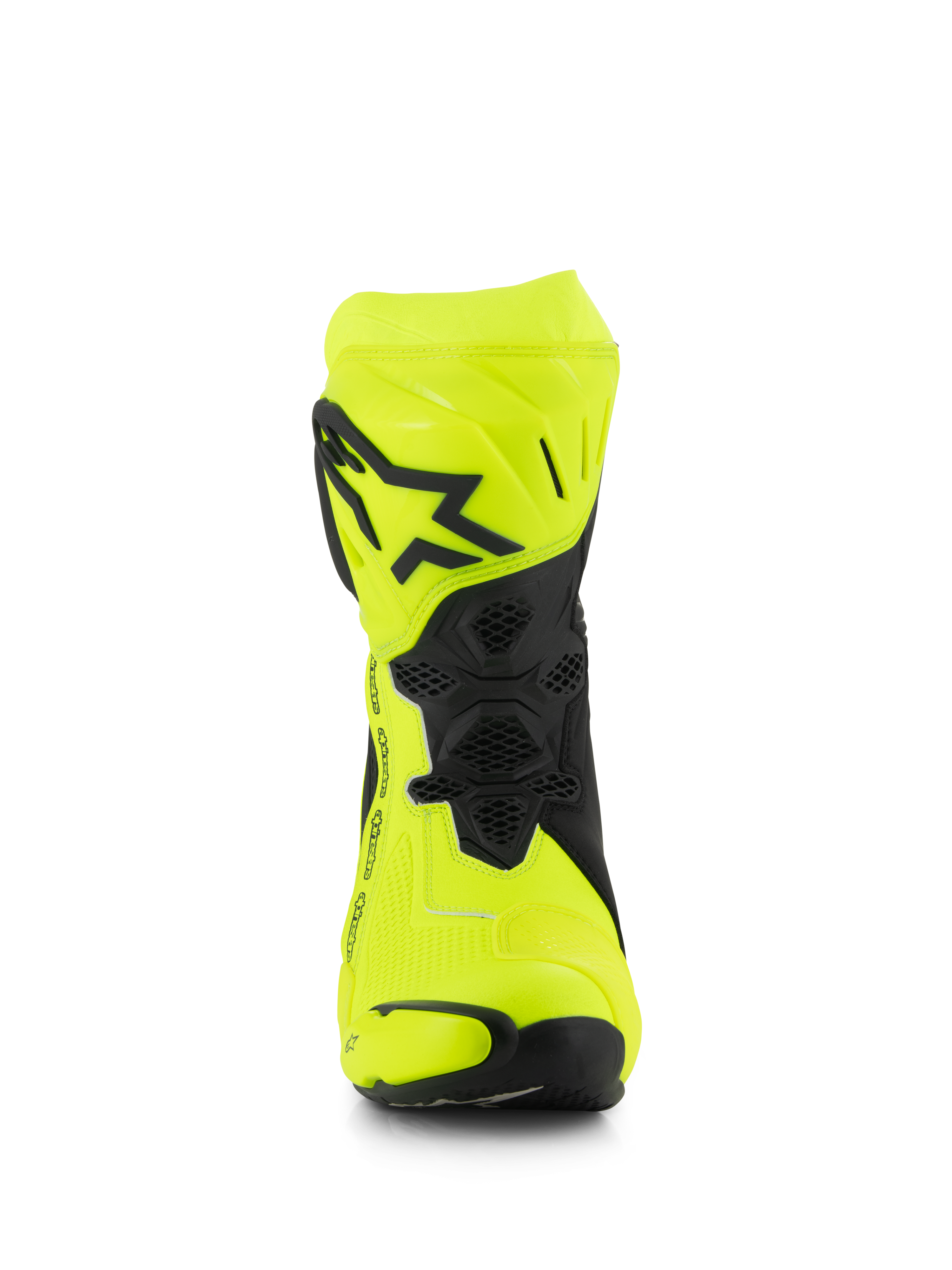 Stivali Alpinestars Supertech R, stivali da moto racing, giallo fluo e nero, vista frontale con logo a stella nero sulla placca tibiale, zone di flessione con trama a nido d'ape e design aerodinamico per corse ad alte prestazioni.