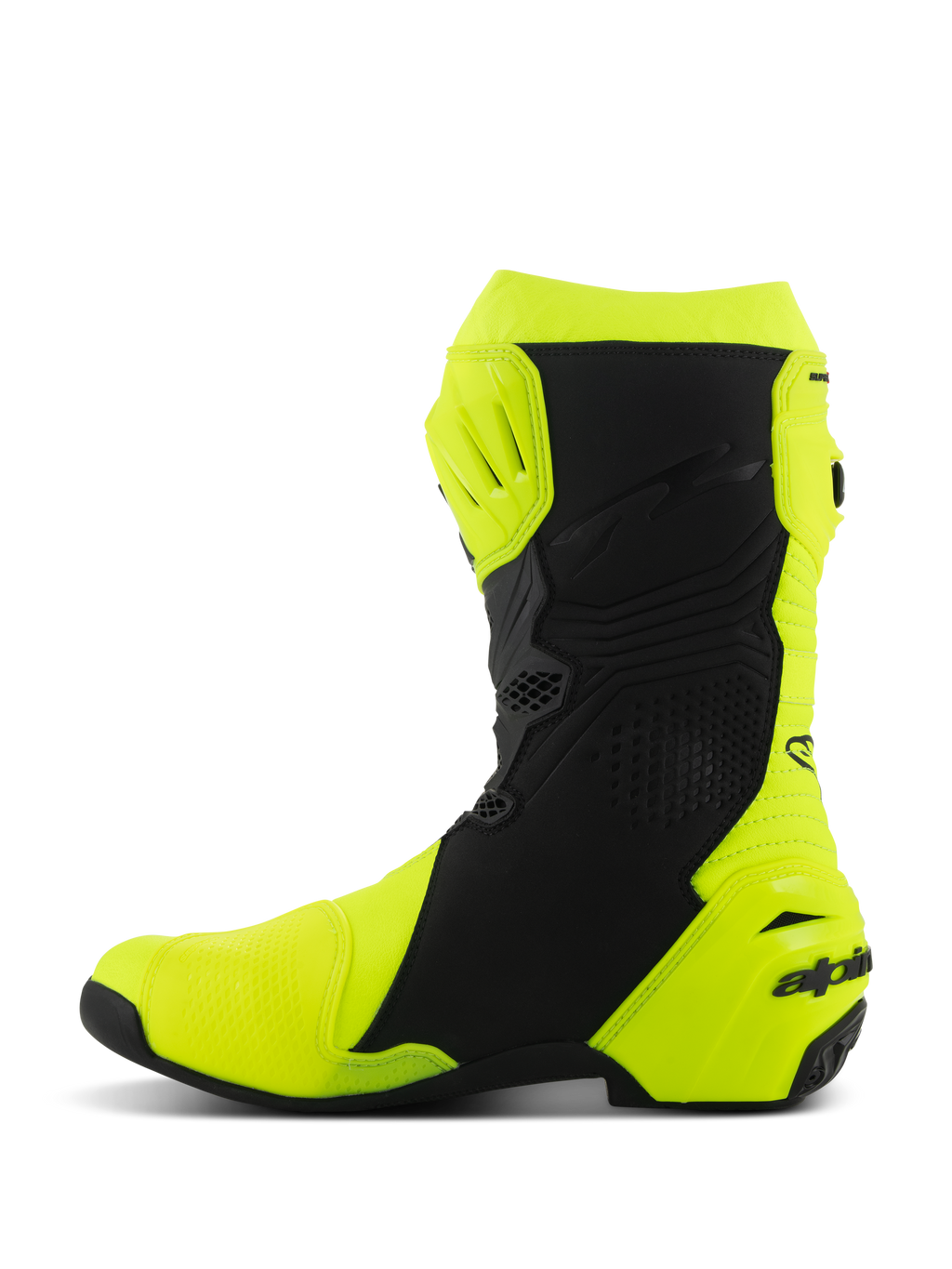 Stivali Alpinestars Supertech R, stivali da moto racing, giallo fluo e nero, profilo laterale con protezione rinforzata per tibia e tallone, design ergonomico con pannelli traforati e logo sul tallone.