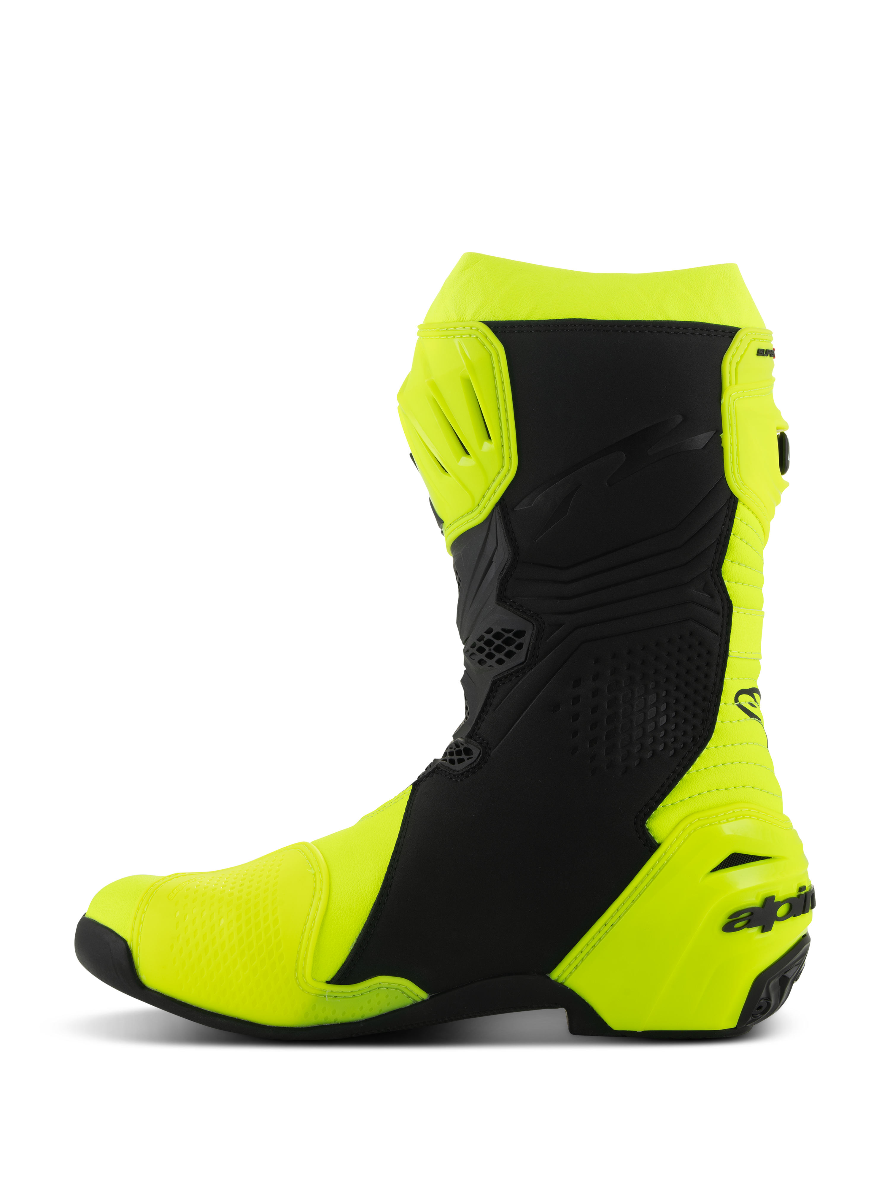 Stivali Alpinestars Supertech R, stivali da moto racing, giallo fluo e nero, profilo laterale con protezione rinforzata per tibia e tallone, design ergonomico con pannelli traforati e logo sul tallone.