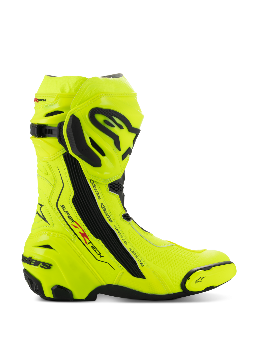 Alpinestars Supertech R Boots, stivali da moto racing, giallo fluo e nero, vista laterale con giallo fluorescente ad alta visibilità e placche protettive nere, logo Alpinestars su tibia e tallone, profilo aerodinamico per guida ad alte prestazioni