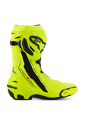 Alpinestars Supertech R Boots, stivali da moto racing, giallo fluo e nero, vista laterale con giallo fluorescente ad alta visibilità e placche protettive nere, logo Alpinestars su tibia e tallone, profilo aerodinamico per guida ad alte prestazioni