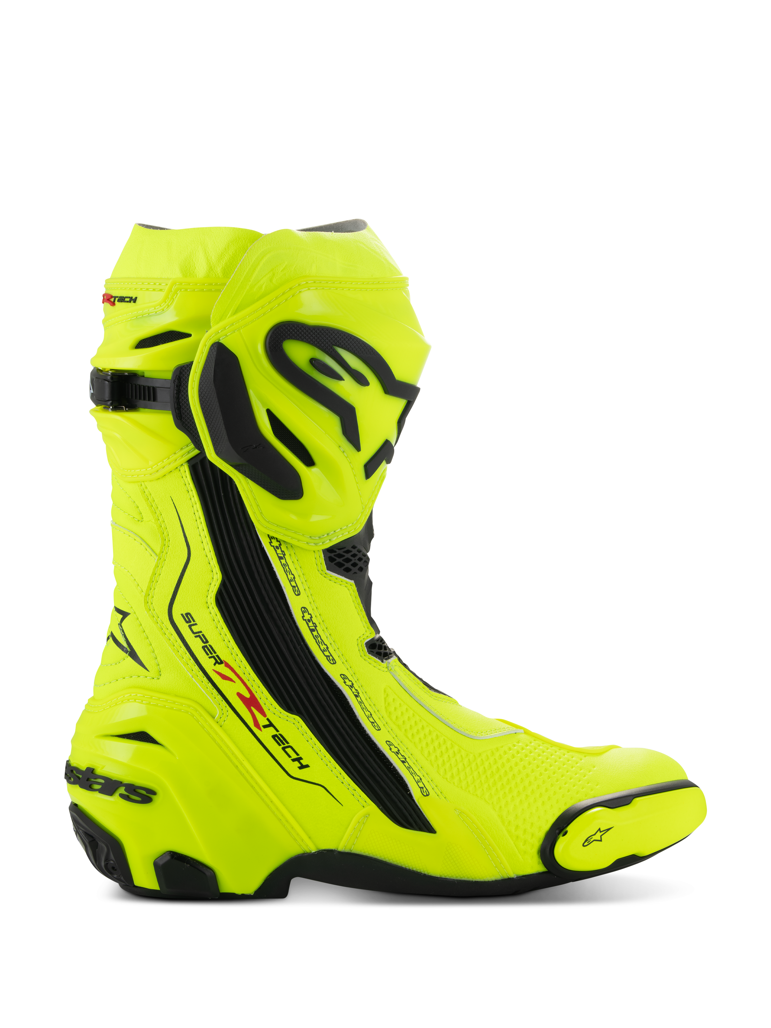 Alpinestars Supertech R Boots, stivali da moto racing, giallo fluo e nero, vista laterale con giallo fluorescente ad alta visibilità e placche protettive nere, logo Alpinestars su tibia e tallone, profilo aerodinamico per guida ad alte prestazioni