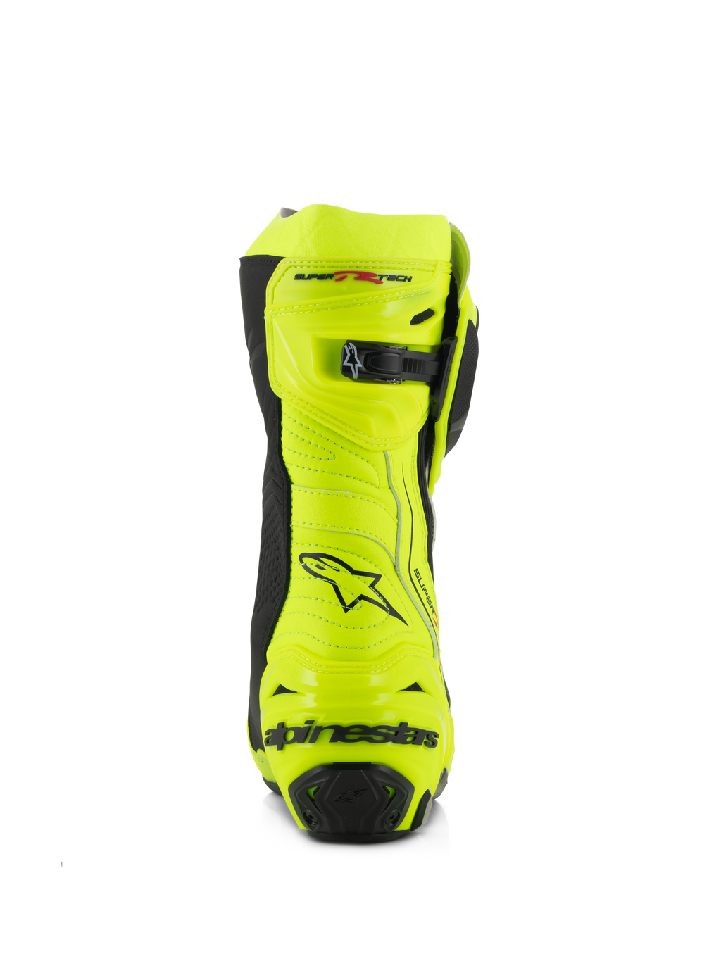 Stivali Alpinestars Supertech R, stivali da moto racing, giallo fluo e nero, vista posteriore con protezione tallone rinforzata, chiusura regolabile sul polpaccio e branding evidente, finitura fluorescente ad alta visibilità per prestazioni su pista e strada