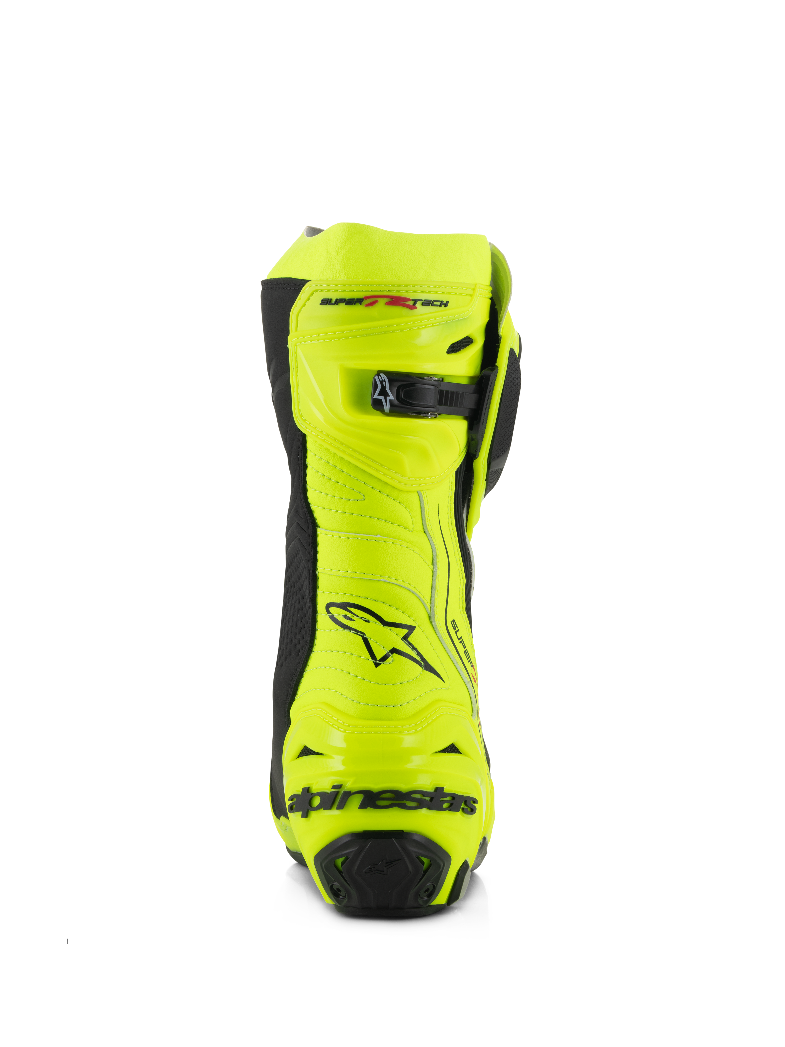 Stivali Alpinestars Supertech R, stivali da moto racing, giallo fluo e nero, vista posteriore con protezione tallone rinforzata, chiusura regolabile sul polpaccio e branding evidente, finitura fluorescente ad alta visibilità per prestazioni su pista e strada