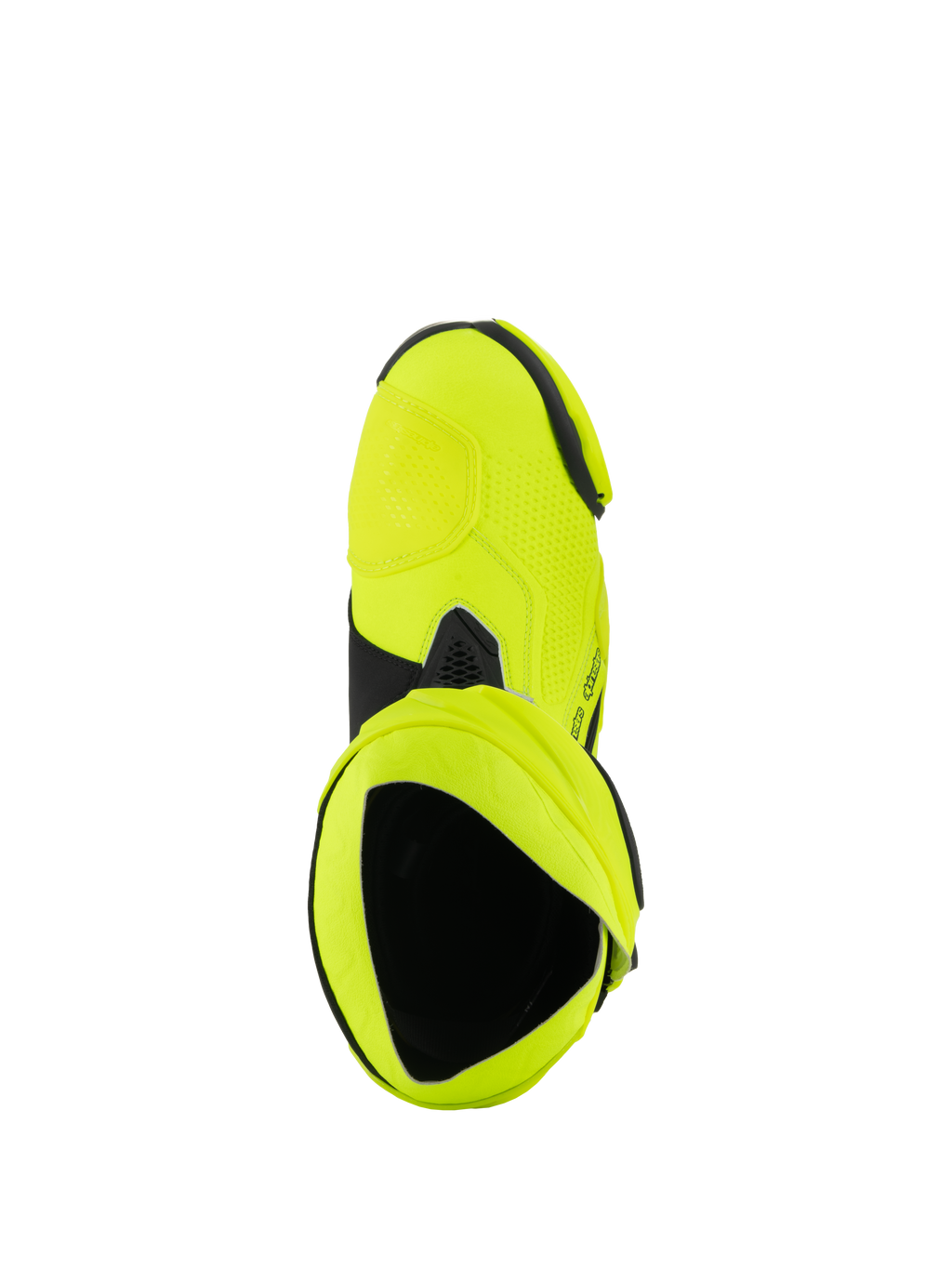 Stivali Alpinestars Supertech R, stivali da moto racing, giallo fluo nero, vista dall'alto dell'interno dello stivale, finitura giallo neon brillante con accenti neri e dettaglio della ghetta