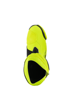Stivali Alpinestars Supertech R, stivali da moto racing, giallo fluo nero, vista dall'alto dell'interno dello stivale, finitura giallo neon brillante con accenti neri e dettaglio della ghetta