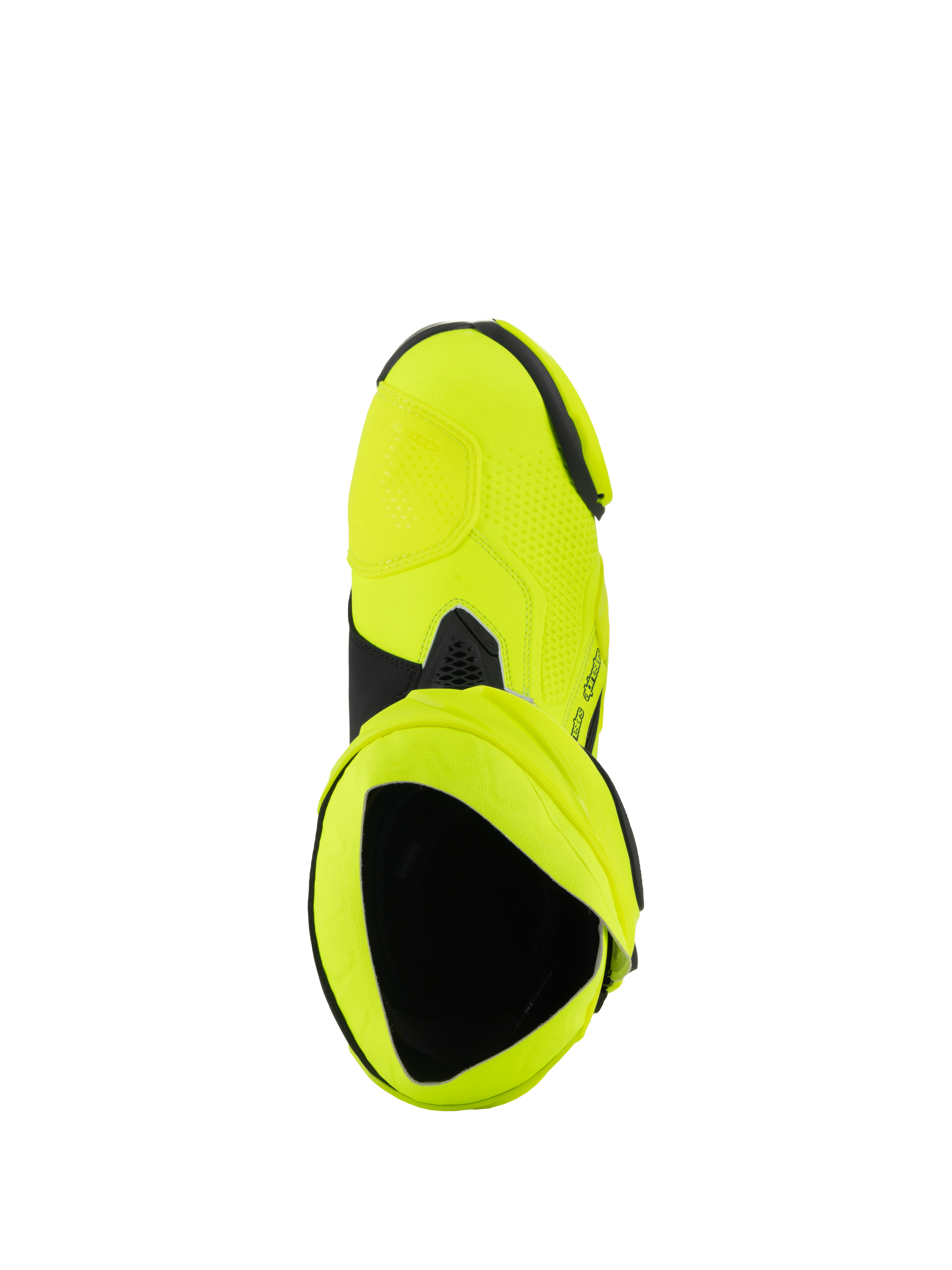 Stivali Alpinestars Supertech R, stivali da moto racing, giallo fluo nero, vista dall'alto dell'interno dello stivale, finitura giallo neon brillante con accenti neri e dettaglio della ghetta