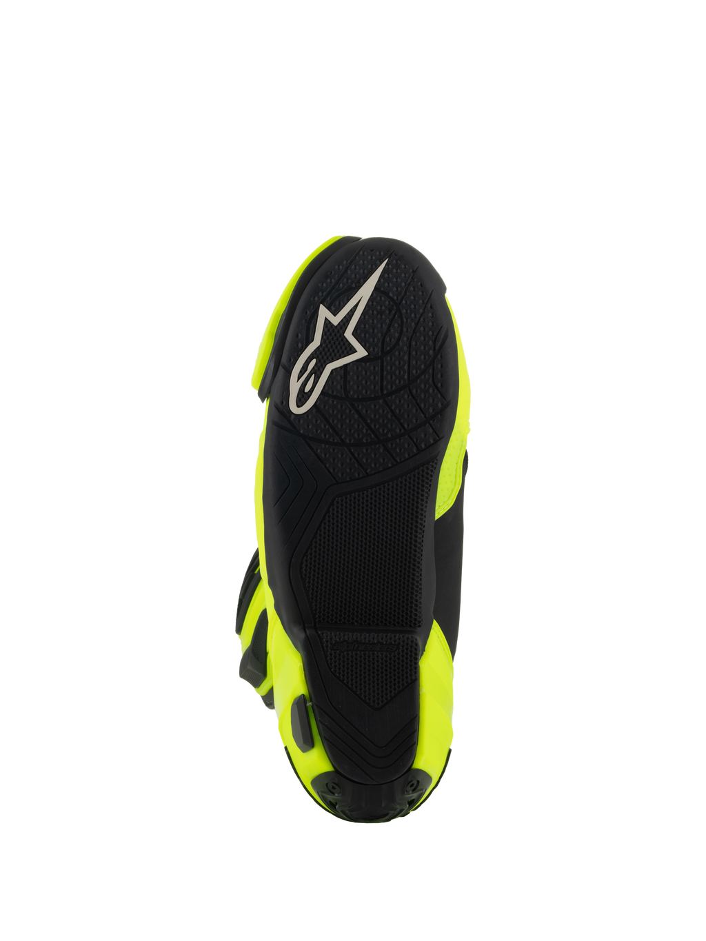 Alpinestars Supertech R Boots, stivali da corsa per moto, Giallo Fluo Nero, vista dal basso della suola nera testurizzata con logo Alpinestars bianco e pannelli laterali giallo fluo