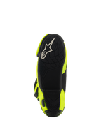 Alpinestars Supertech R Boots, stivali da corsa per moto, Giallo Fluo Nero, vista dal basso della suola nera testurizzata con logo Alpinestars bianco e pannelli laterali giallo fluo