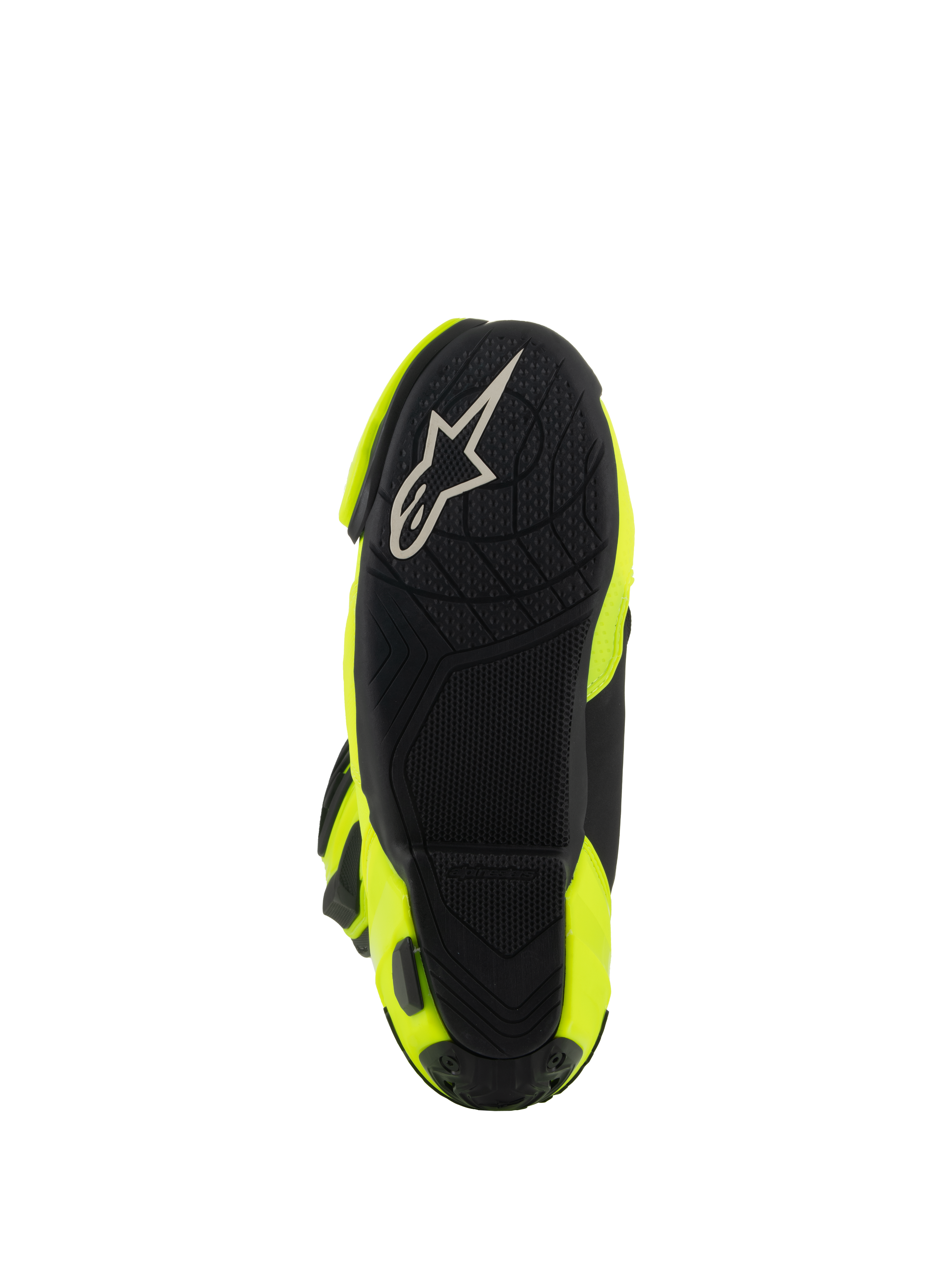 Alpinestars Supertech R Boots, stivali da corsa per moto, Giallo Fluo Nero, vista dal basso della suola nera testurizzata con logo Alpinestars bianco e pannelli laterali giallo fluo