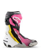 Stivali Alpinestars Supertech R, stivali da moto racing ad alte prestazioni in nero, magenta, bianco e giallo fluo, profilo laterale con protezione in TPU, slider sostituibile sulla punta e design racing ergonomico.