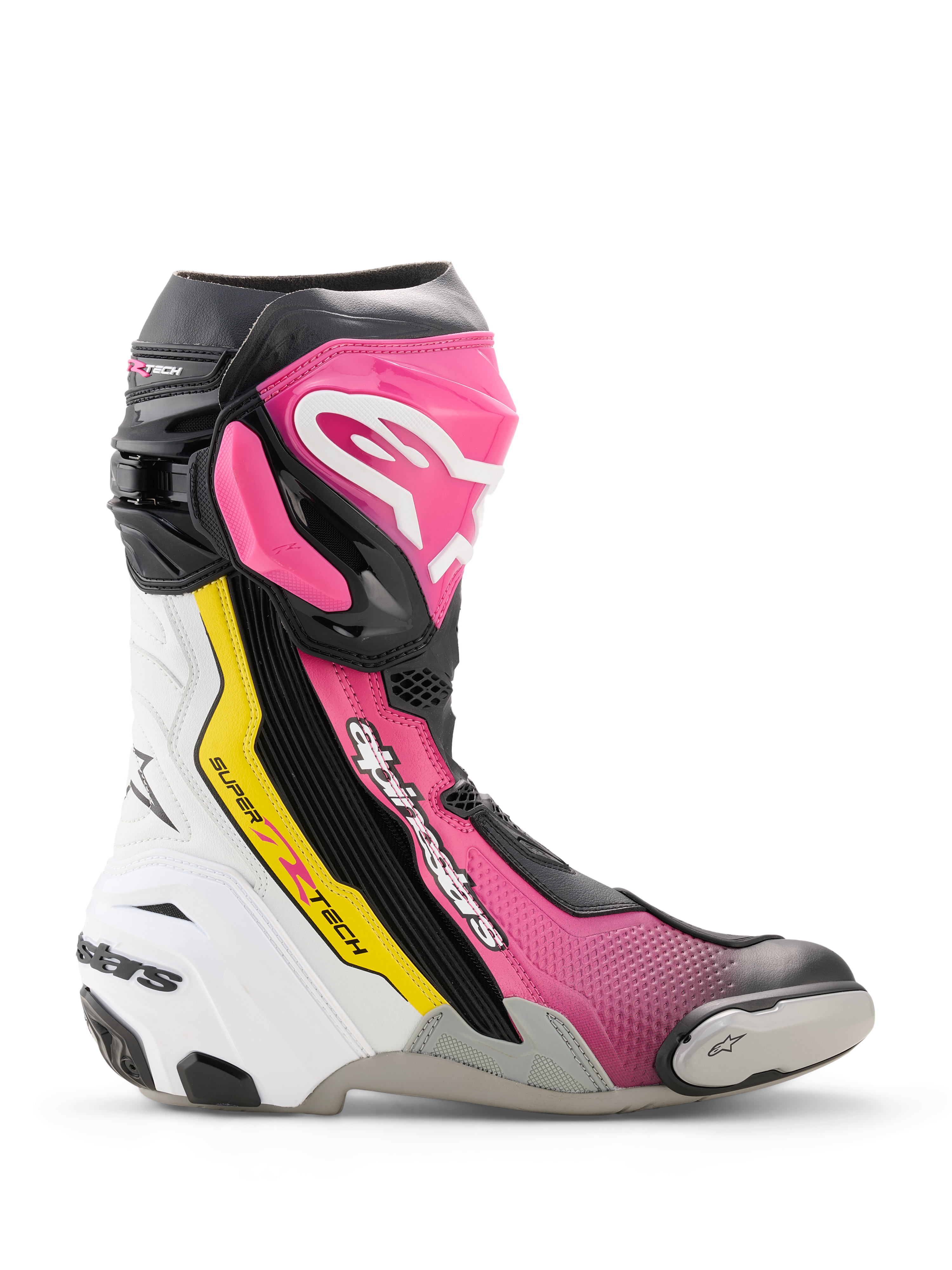 Stivali Alpinestars Supertech R, stivali da moto racing ad alte prestazioni in nero, magenta, bianco e giallo fluo, profilo laterale con protezione in TPU, slider sostituibile sulla punta e design racing ergonomico.