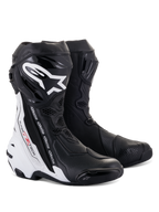 Alpinestars Supertech R Vented Boots, stivali da moto racing, bianco e nero, caratterizzati da ampie perforazioni per la ventilazione, logo bianco sulla tibia, protezioni in TPU e design aerodinamico per prestazioni in pista