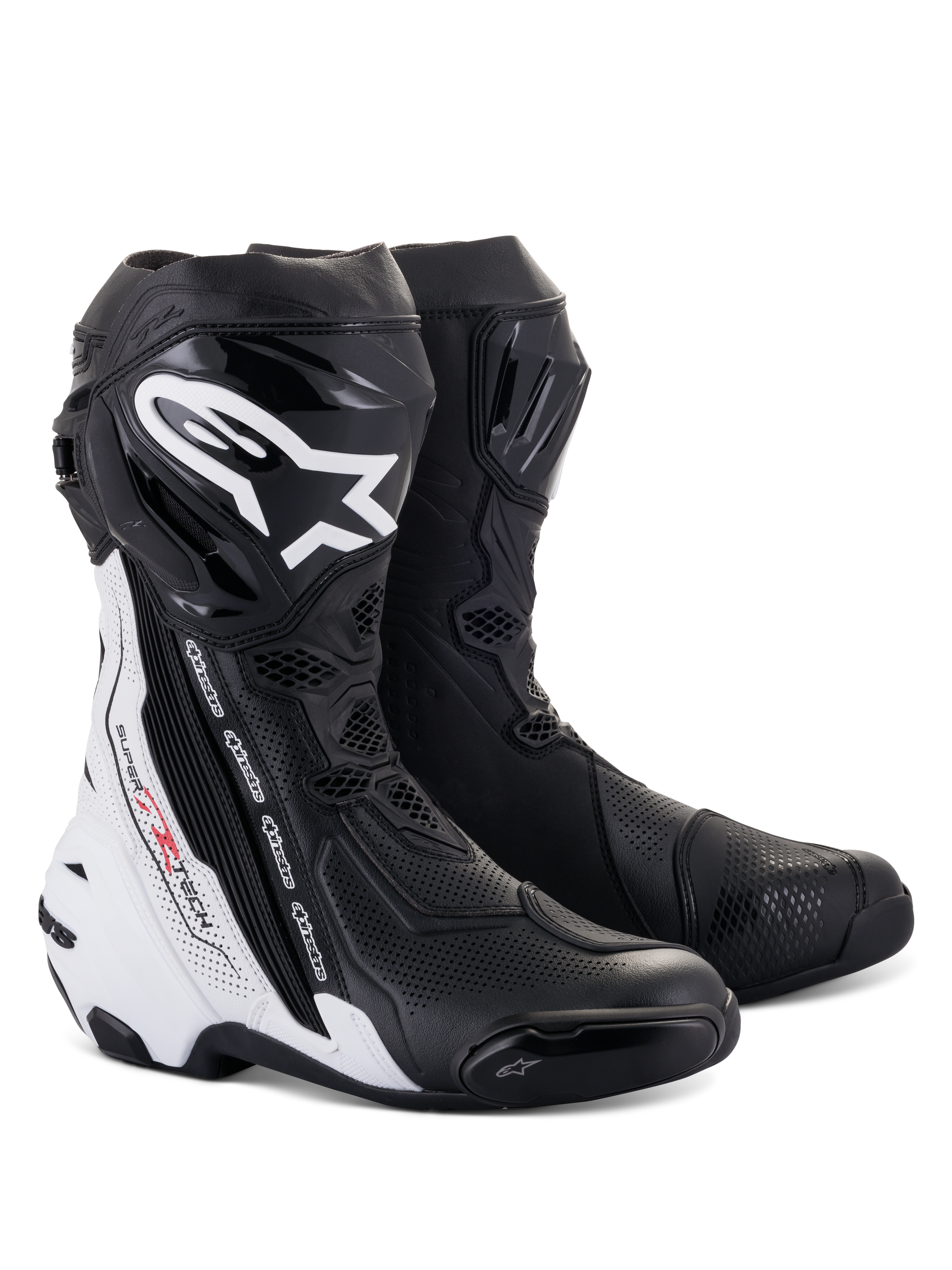 Alpinestars Supertech R Vented Boots, stivali da moto racing, bianco e nero, caratterizzati da ampie perforazioni per la ventilazione, logo bianco sulla tibia, protezioni in TPU e design aerodinamico per prestazioni in pista