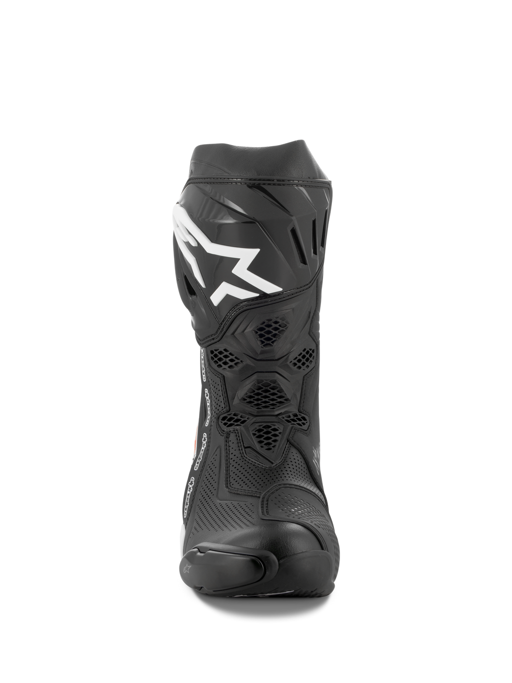 Alpinestars Supertech R Vented Boots, stivali da moto racing, nero e bianco, vista frontale che mostra la costruzione in microfibra traforata, logo Alpinestars bianco sulla placca tibiale e protezione resistente in TPU.