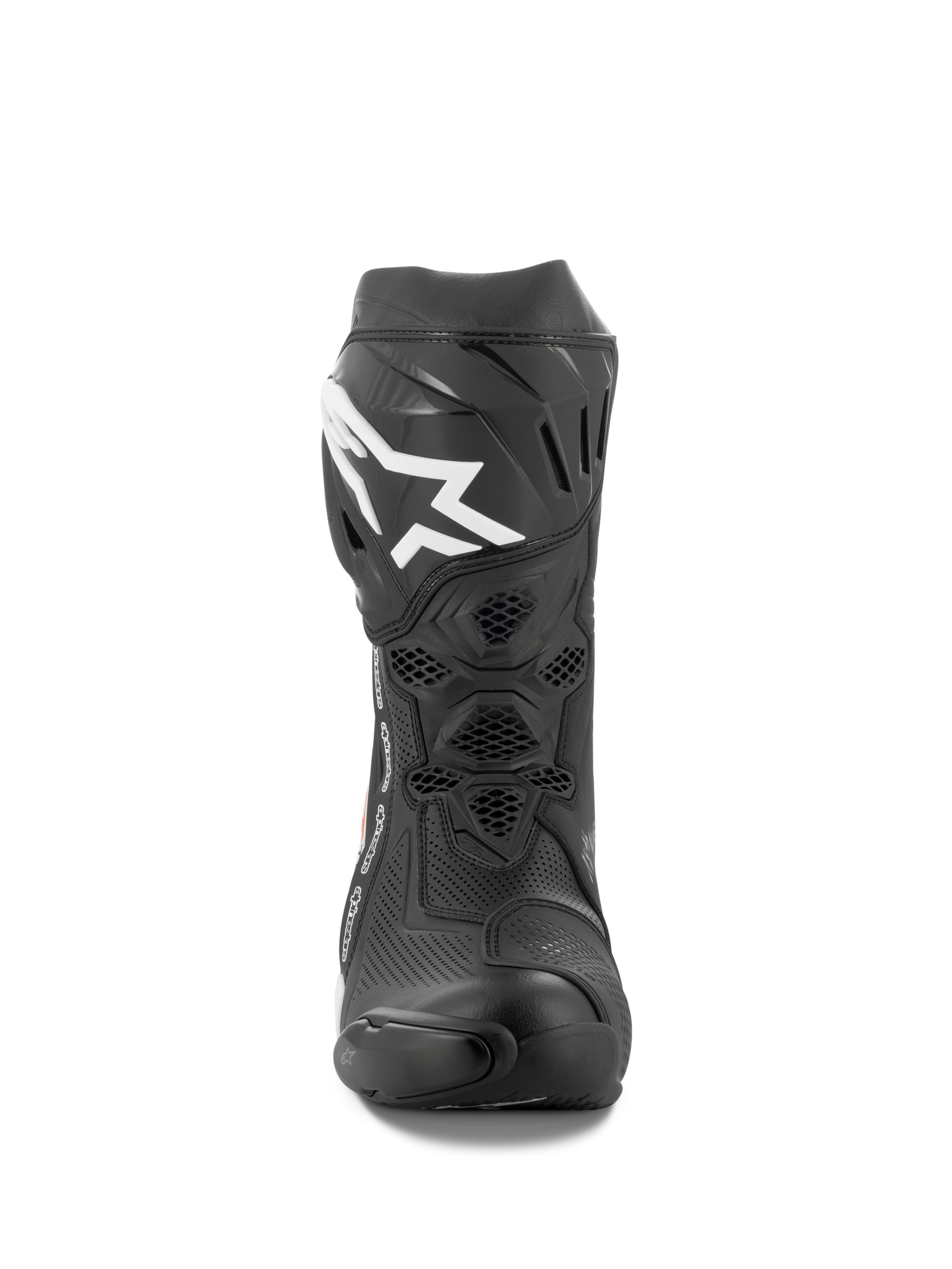 Alpinestars Supertech R Vented Boots, stivali da moto racing, nero e bianco, vista frontale che mostra la costruzione in microfibra traforata, logo Alpinestars bianco sulla placca tibiale e protezione resistente in TPU.