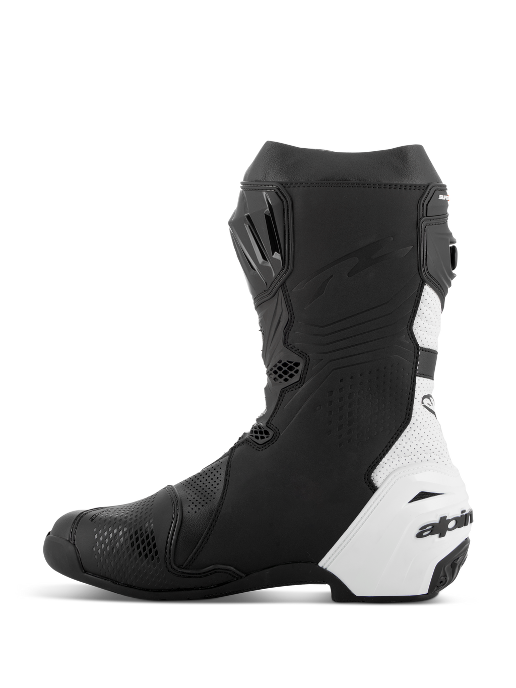 Alpinestars Supertech R Vented Boots, stivali da moto racing, nero e bianco, vista laterale mediale, ampie perforazioni per il flusso d'aria, pannelli in microfibra sintetica bianca, rinforzi in TPU e profilo aerodinamico per le gare in pista