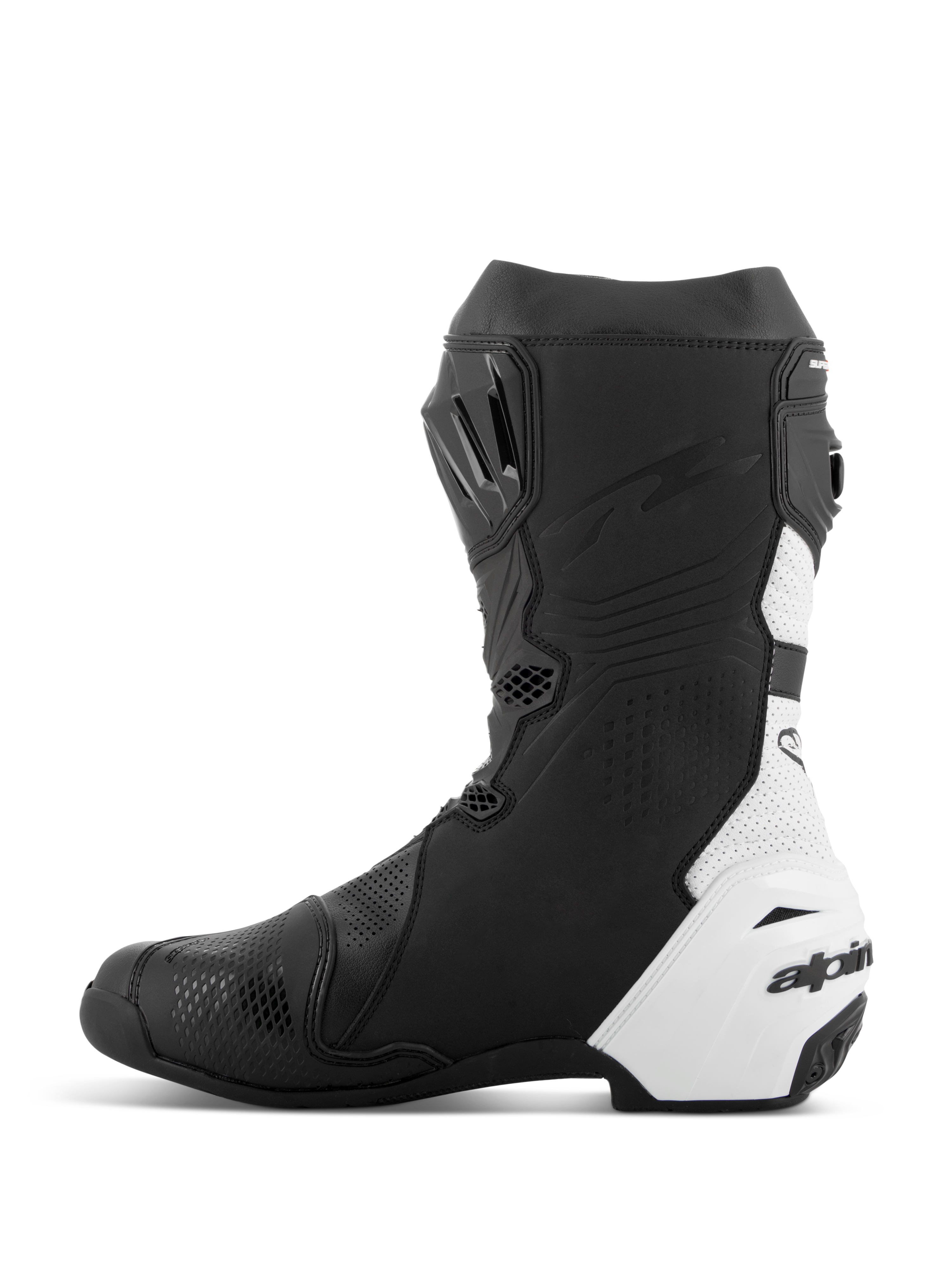 Alpinestars Supertech R Vented Boots, stivali da moto racing, nero e bianco, vista laterale mediale, ampie perforazioni per il flusso d'aria, pannelli in microfibra sintetica bianca, rinforzi in TPU e profilo aerodinamico per le gare in pista