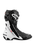 Alpinestars Supertech R Vented Boots, stivali da moto racing, nero e bianco con dettagli rossi, profilo laterale con ampie perforazioni per la traspirabilità, grande logo bianco sullo stinco e saponette protettive in TPU
