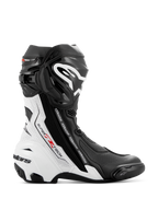 Alpinestars Supertech R Vented Boots, stivali da moto racing, nero e bianco con dettagli rossi, profilo laterale con ampie perforazioni per la traspirabilità, grande logo bianco sullo stinco e saponette protettive in TPU